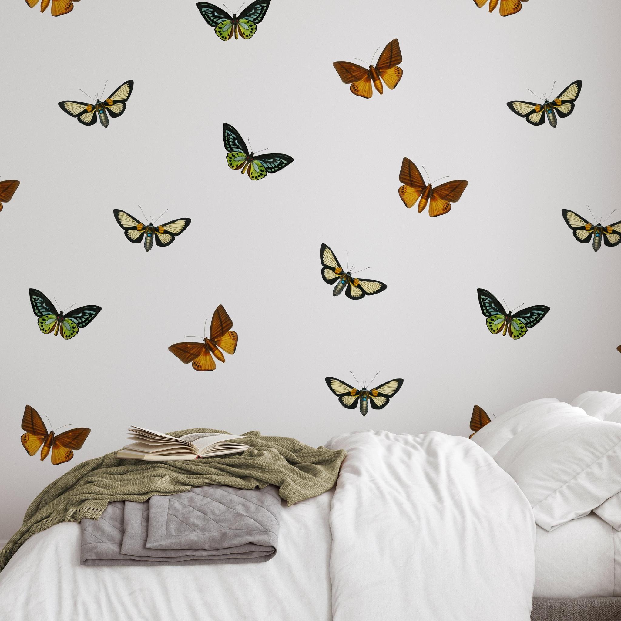 Flutter Wallpaper by Wall Blush SG02 in modern bedroom, focus on vibrant butterfly patterns on wall.