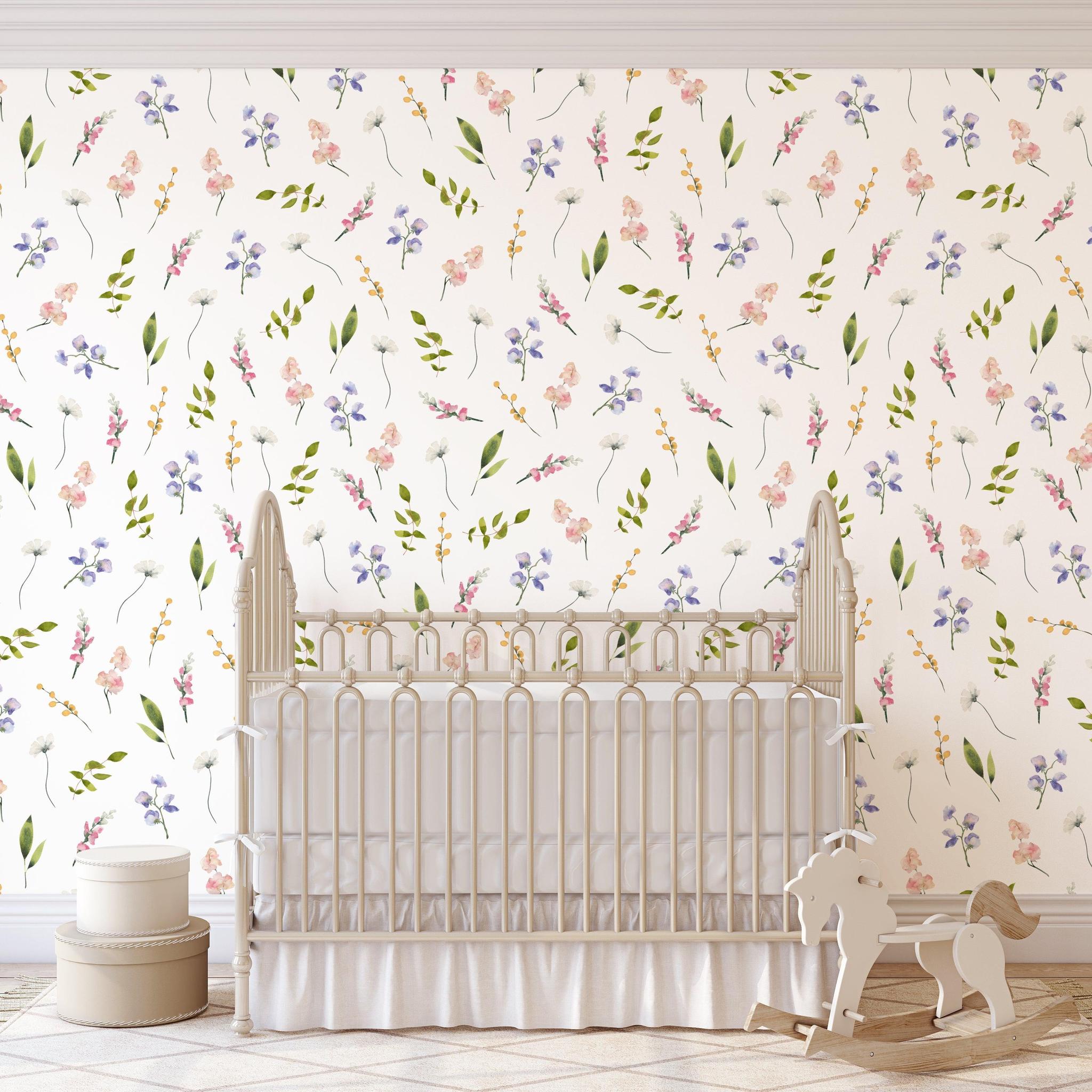 Wall Blush SG02 Bliss Wallpaper in a nursery, floral pattern as the focal point with elegant decor.