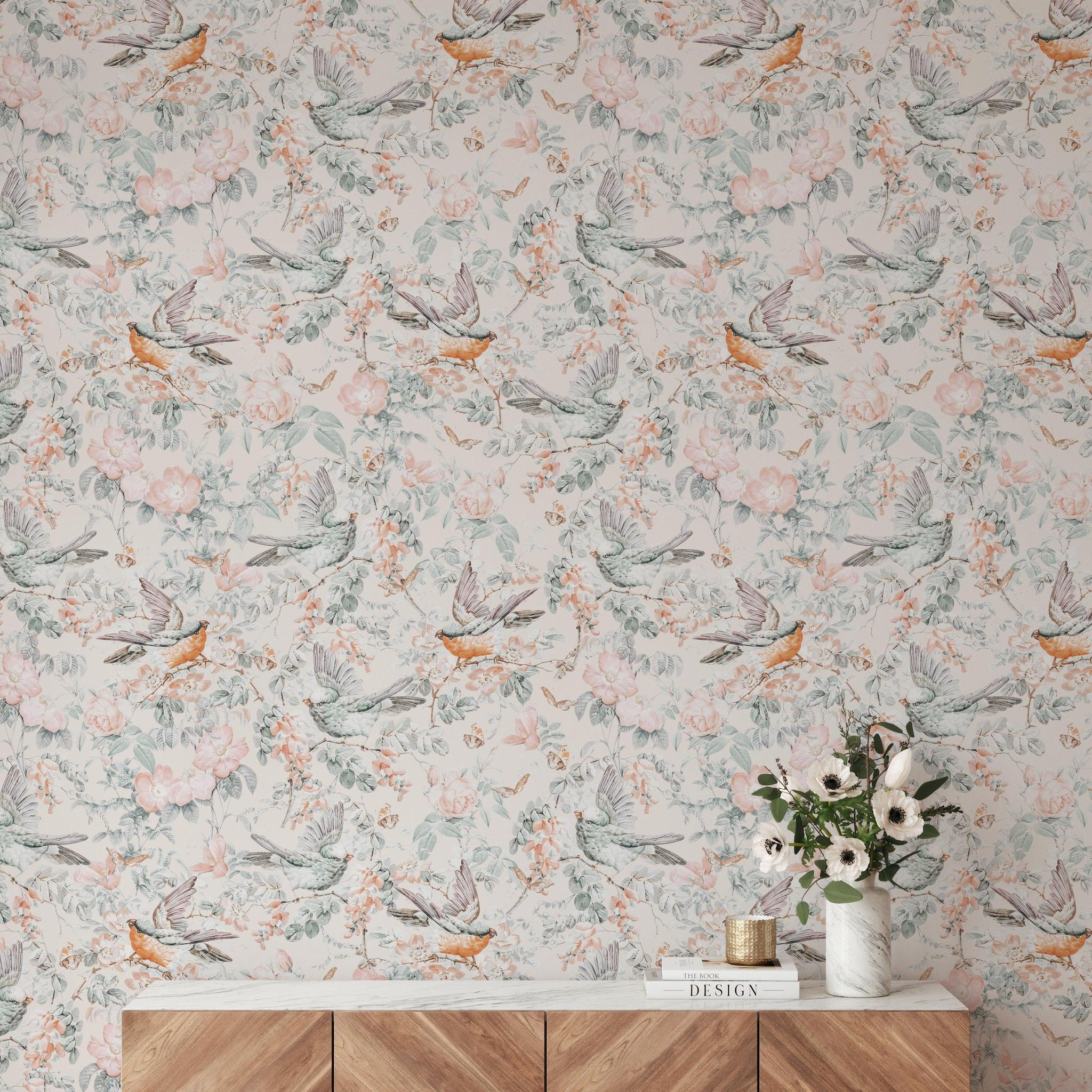 Arden Wallpaper by Wall Blush SM01, floral pattern focus in modern living room setting.