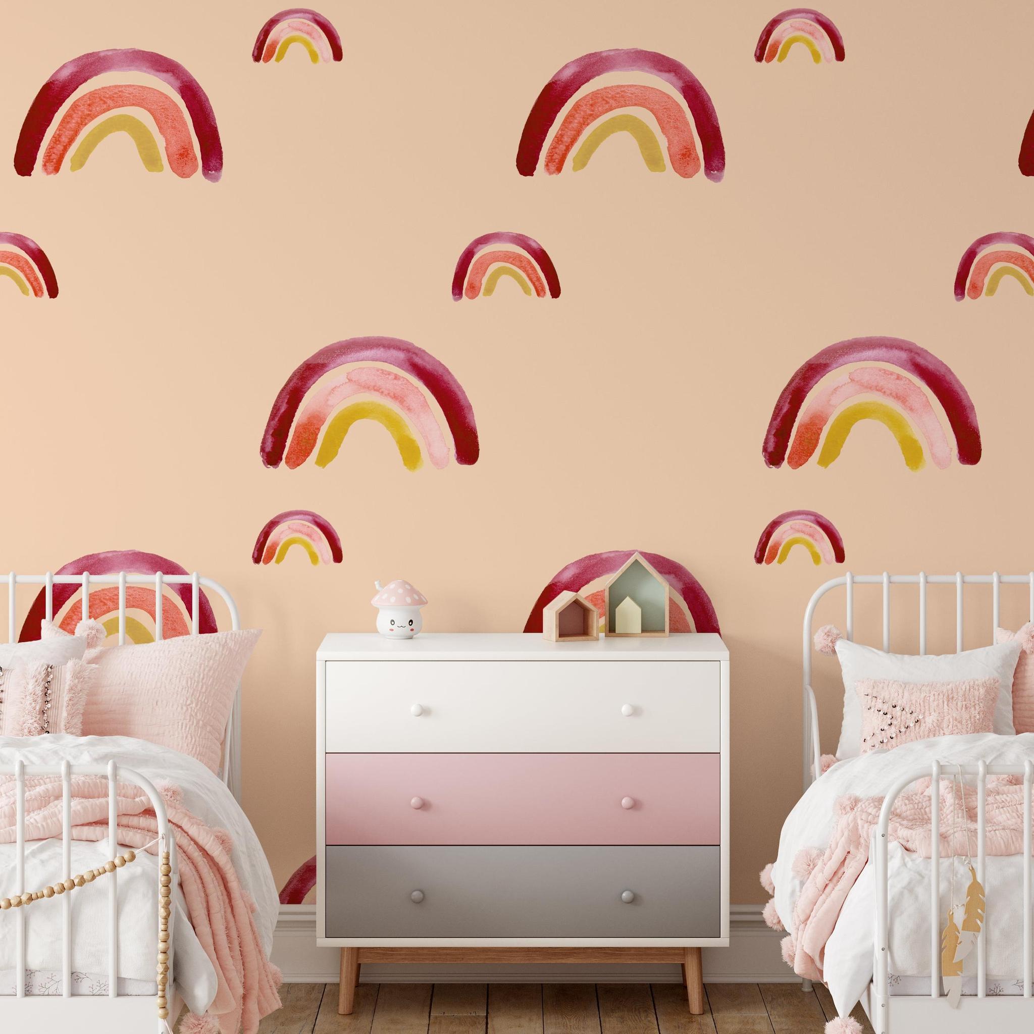 Follow Your Dreams Wallpaper by The Minty Line in cozy, modern children's bedroom, with decorative rainbow prints.