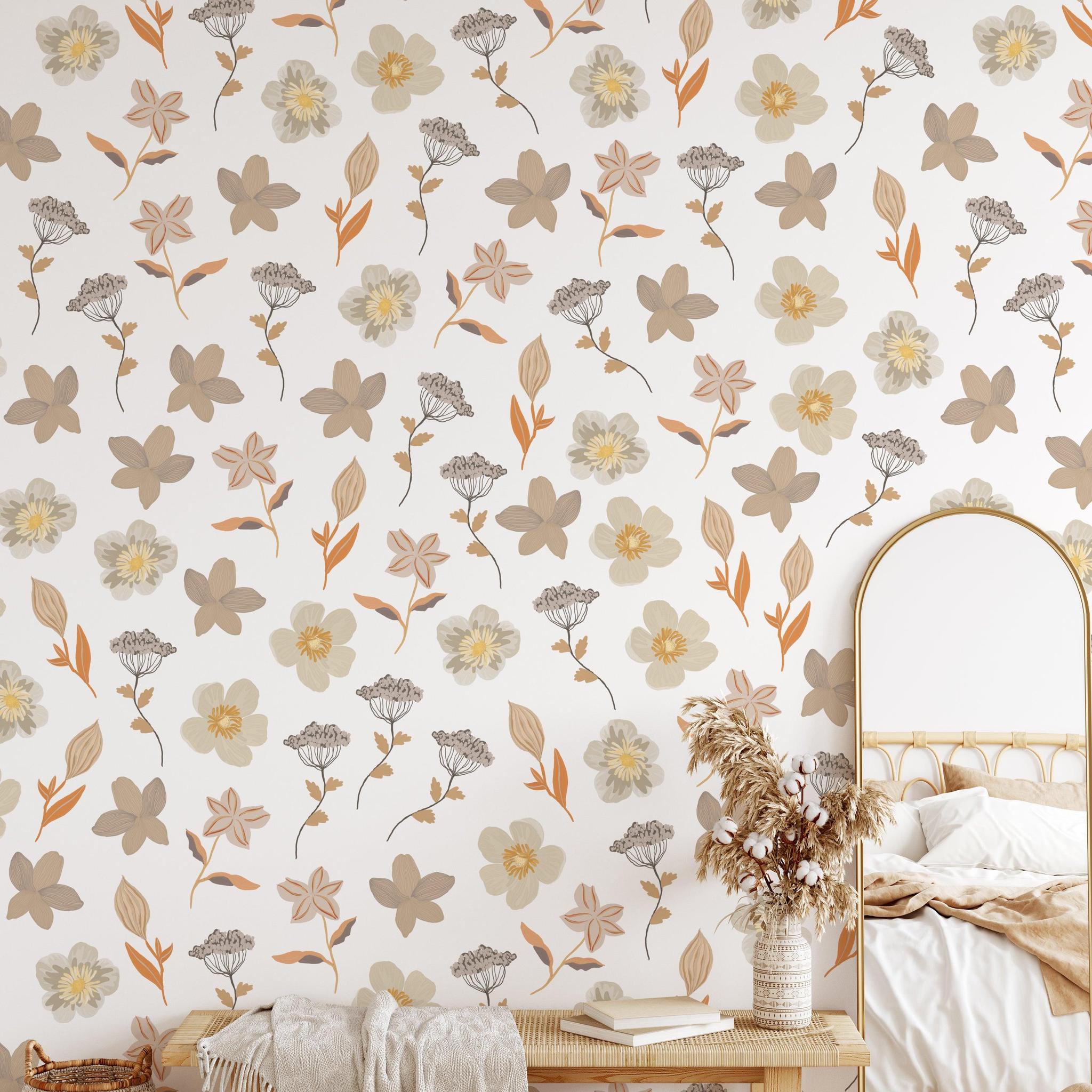 Aria Wallpaper by Wall Blush SG02 featured in a cozy, stylish bedroom with a focus on the floral design.