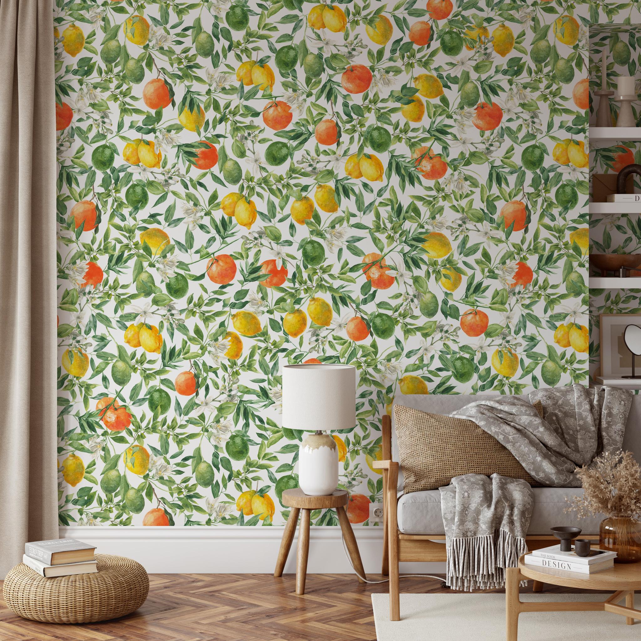 "Mediterranean Wallpaper by Wall Blush with citrus print in a cozy living room, highlighting stylish home decor."