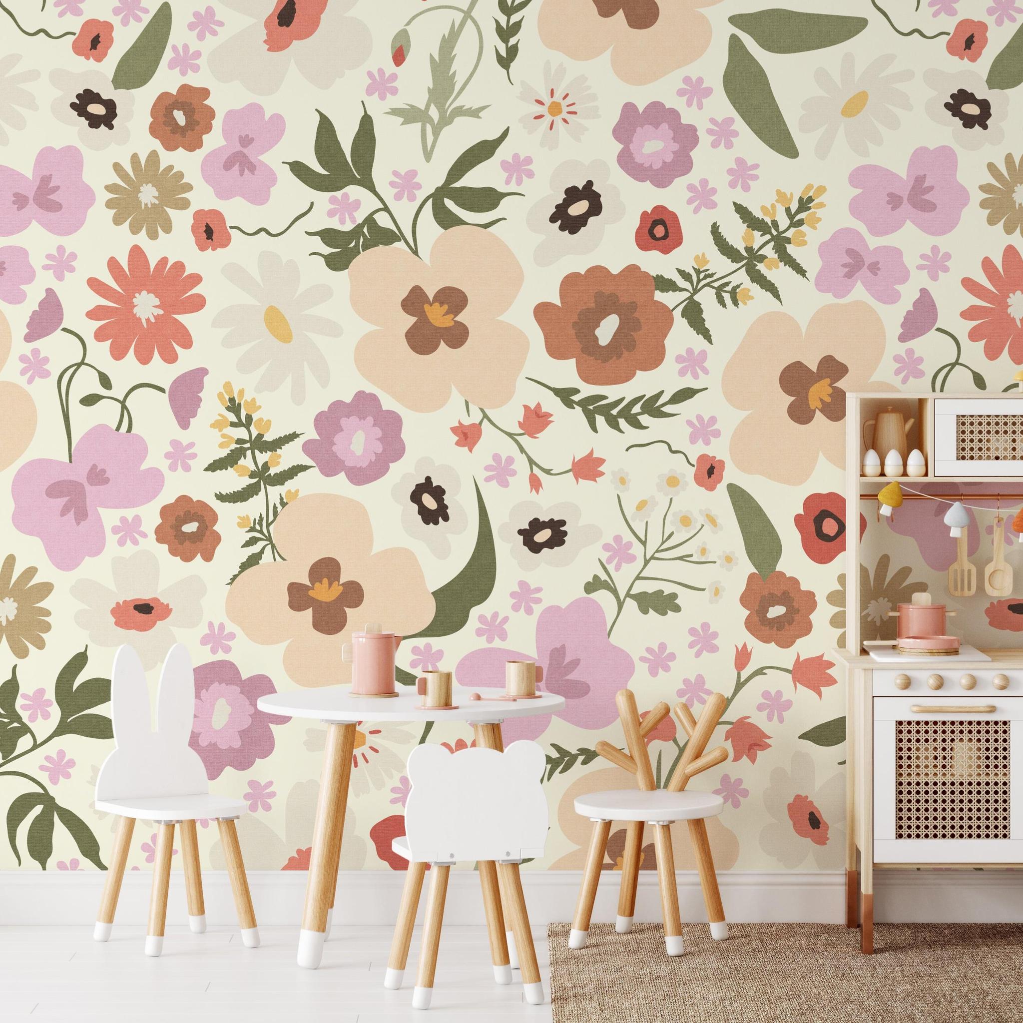 Hadley Wallpaper by Wall Blush SG02 in a stylish children's playroom, with floral design as the focal point.