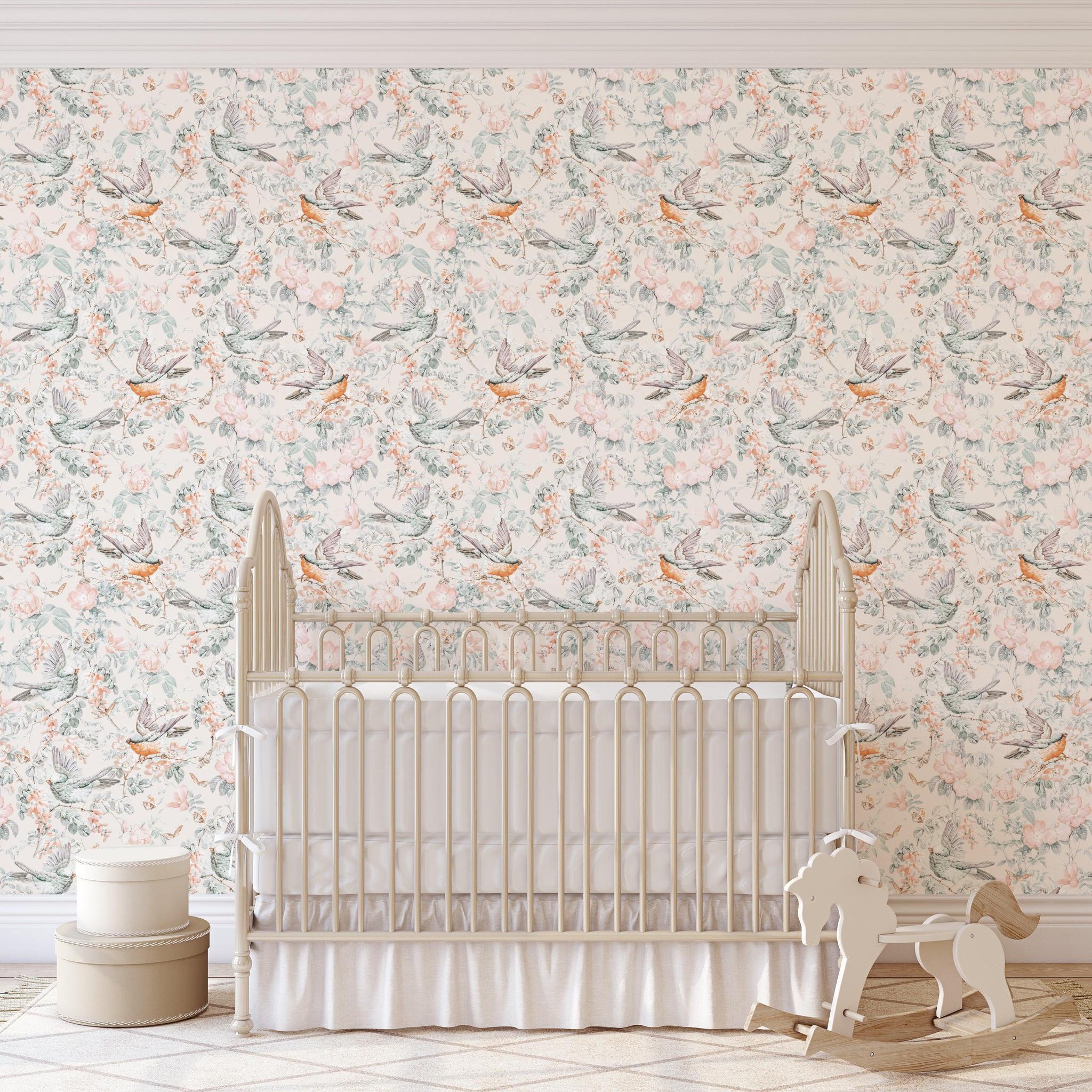Arden Wallpaper by Wall Blush SM01, floral pattern focal point in a stylish nursery room.