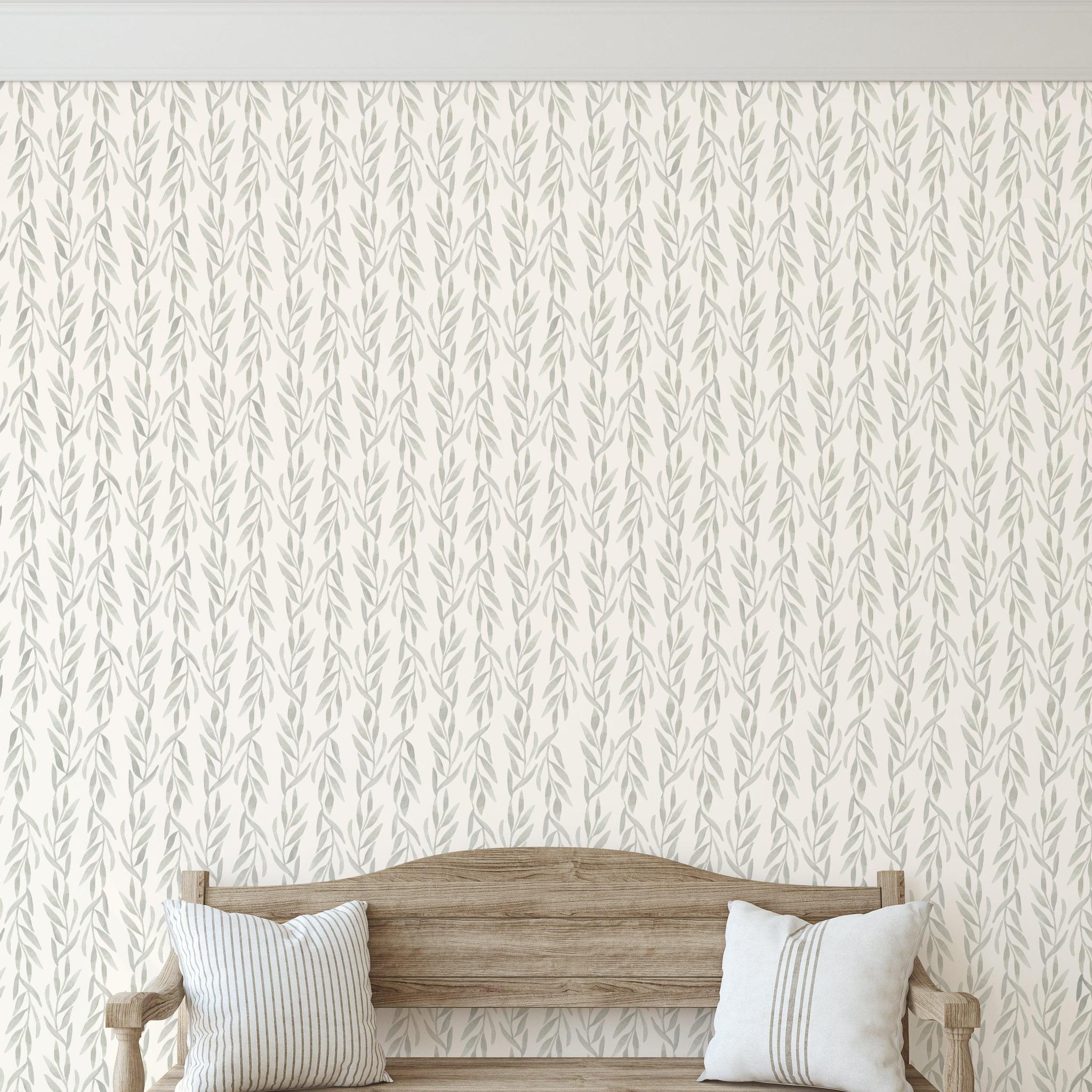 Alt text: Elegant Sweet Ava Ryan Wallpaper from The Tamra Judge Line in a cozy living room, showcasing refined style with a wooden bench.