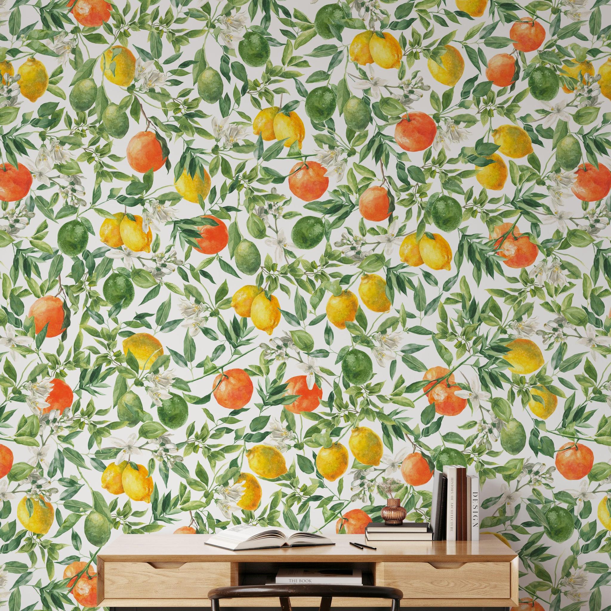 Mediterranean Wallpaper from Wall Blush SG02 adorning a home office with vibrant citrus design.