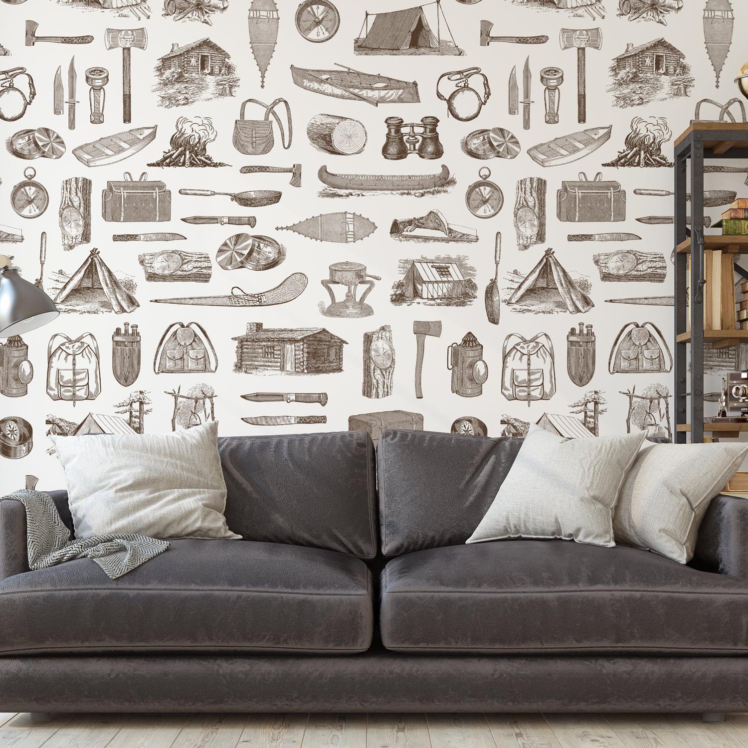 Scout (Brown) Wallpaper by Wall Blush SG02 in a cozy living room with vintage couch and bookshelf.