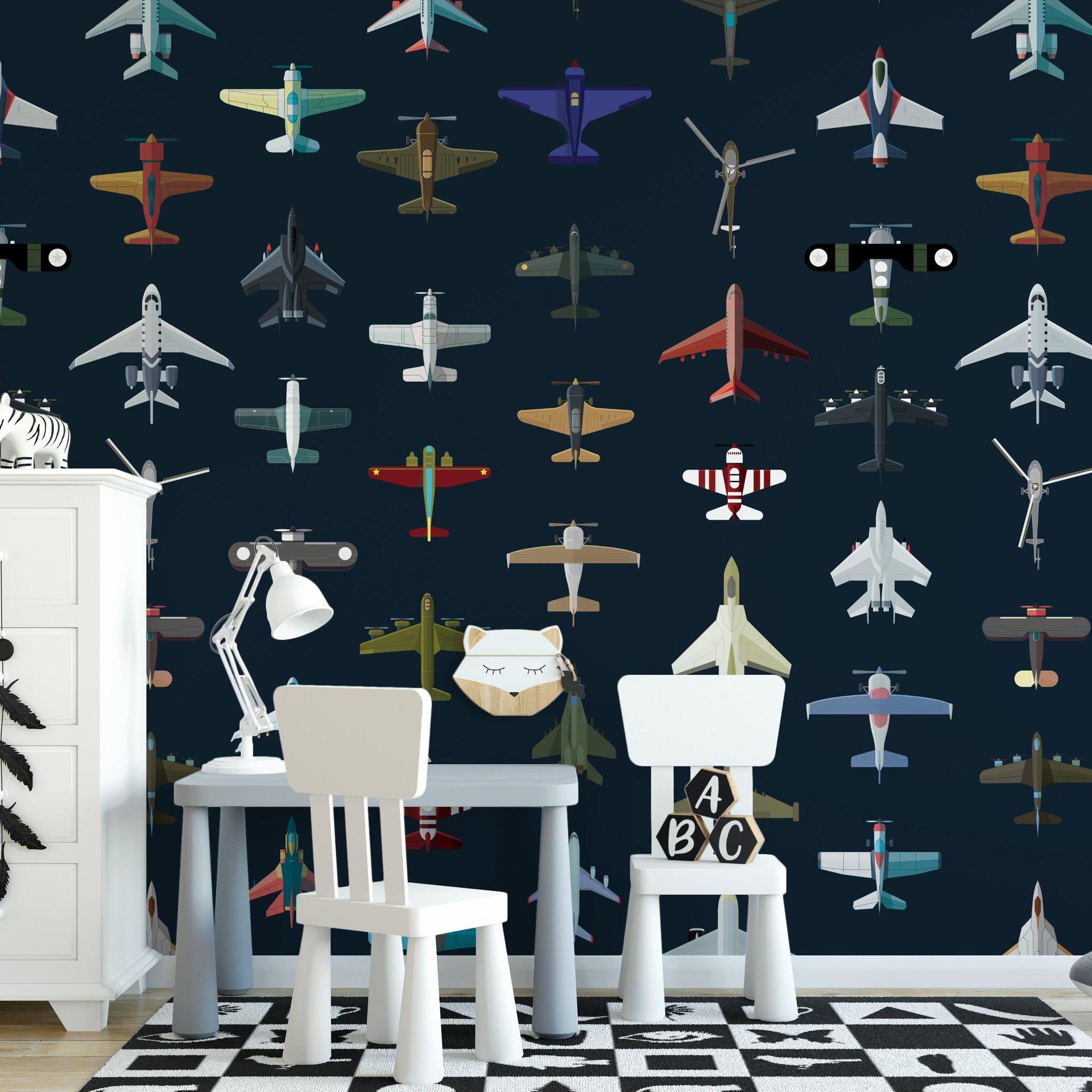 Wall Blush Aviator Wallpaper in a stylish children's room, with airplane designs as the focal point