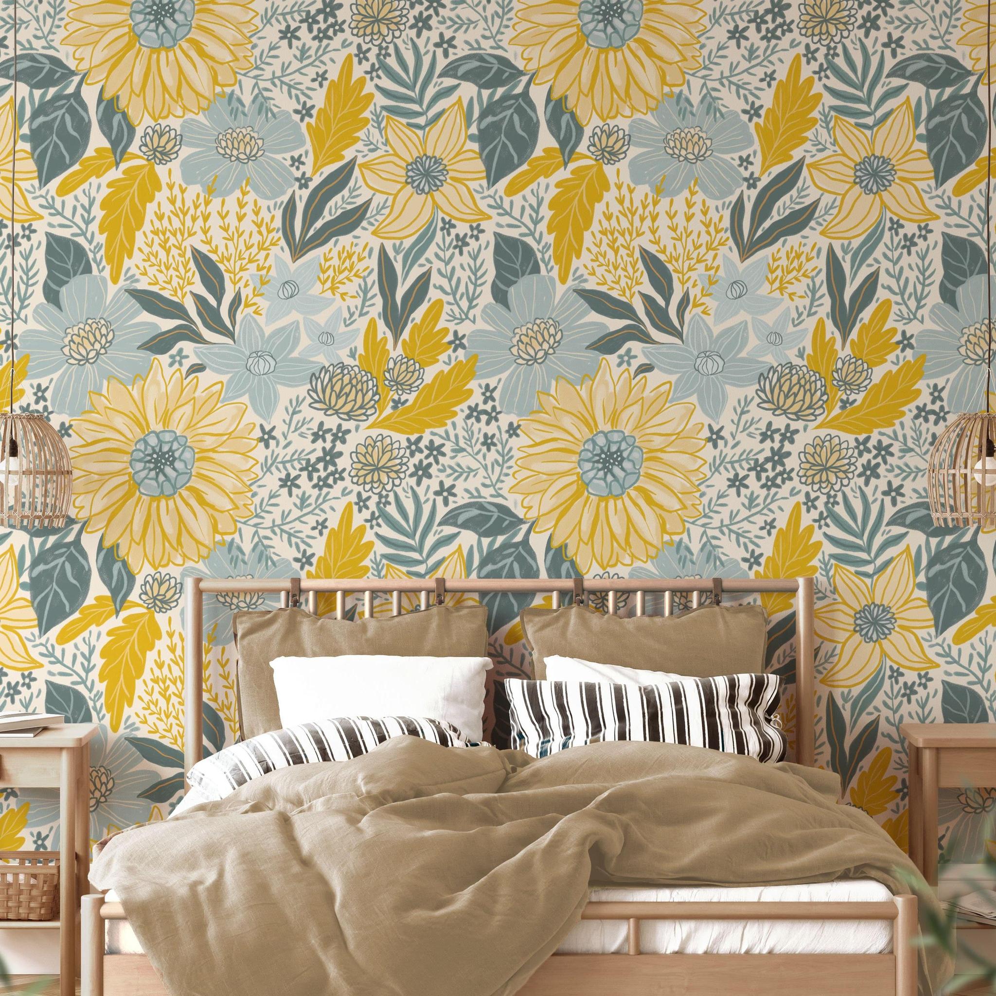 Amelia Wallpaper by Wall Blush in a cozy bedroom, focusing on the vibrant floral design.