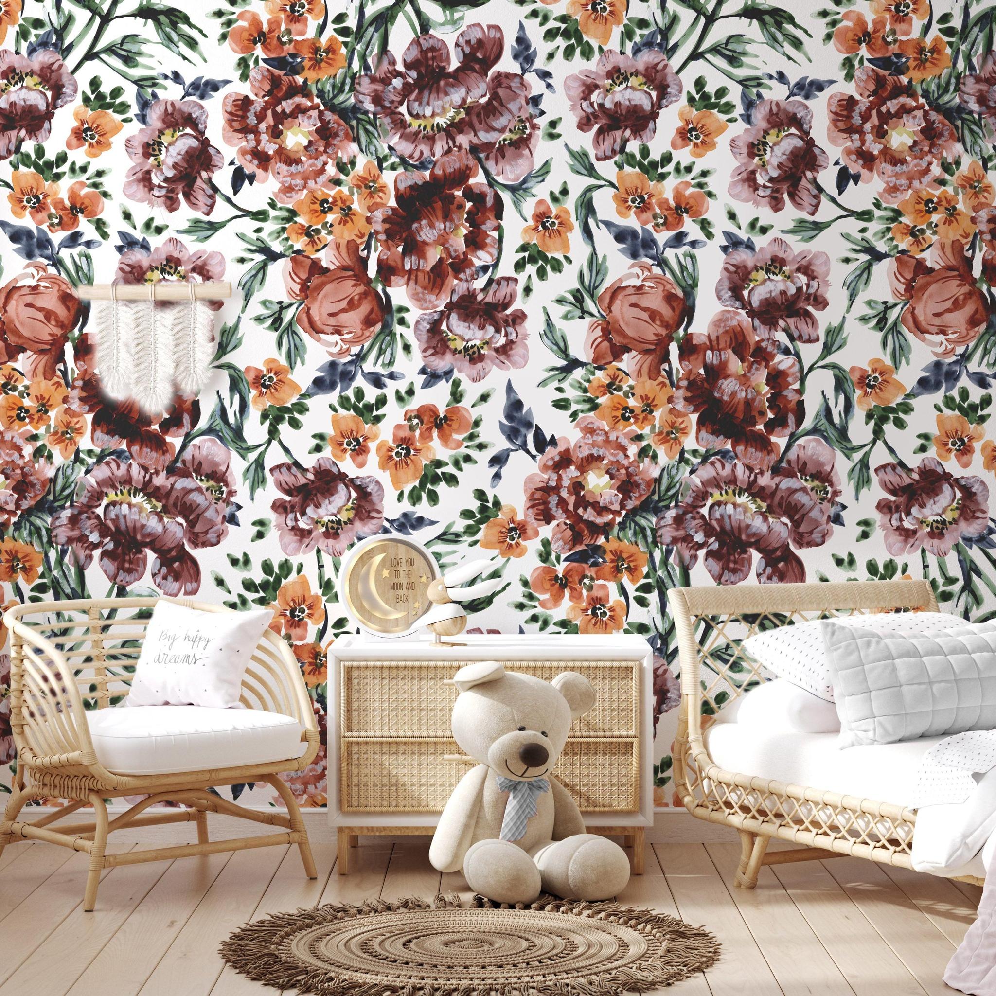 Chic children's room featuring The Ania Zwara Line Harper Wallpaper with large floral design.