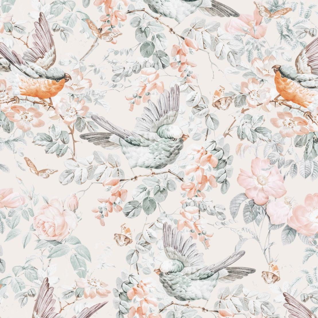 Wall Blush SM01 Arden Wallpaper featuring birds and florals in a light and airy bedroom setting.