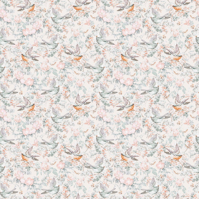 Alt text: "Elegant Arden Wallpaper by Wall Blush featured in a living room setting, highlighting the detailed bird and floral design."