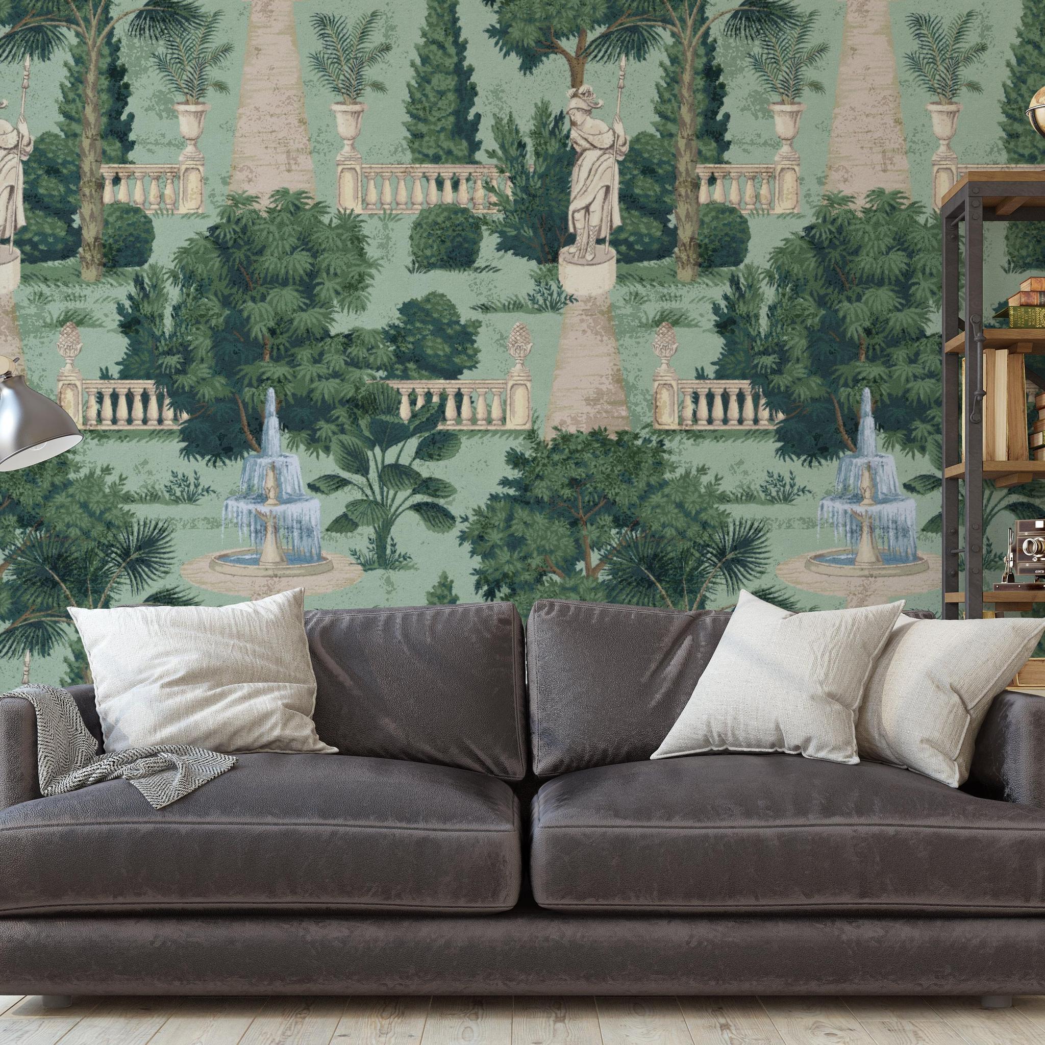 Athena Wallpaper by Wall Blush SG02 featuring antique-style design in a cozy living room setting, highlighting elegant walls.