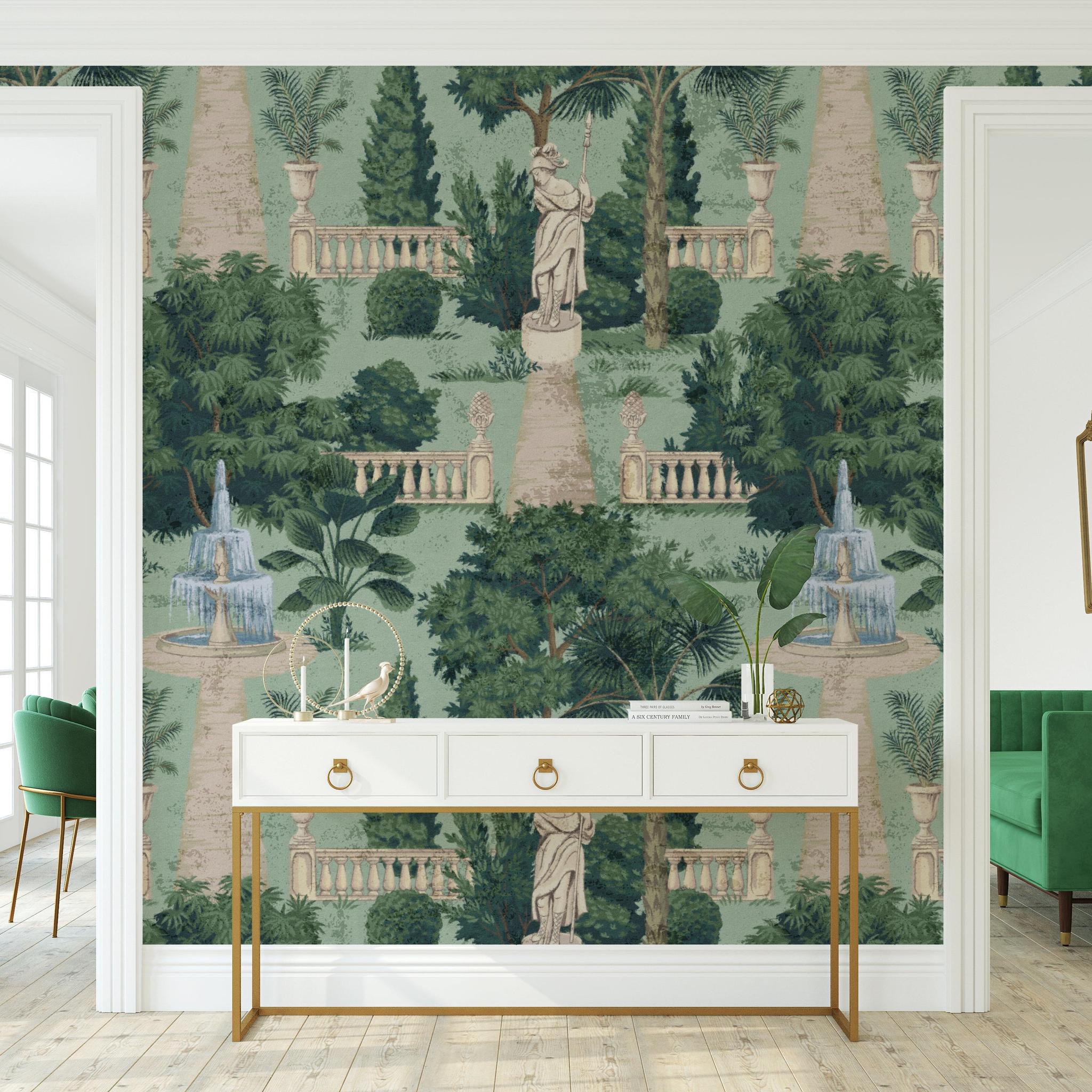 Athena Wallpaper by Wall Blush SG02 enhancing classical theme in elegant entryway, focus on detailed wall design.