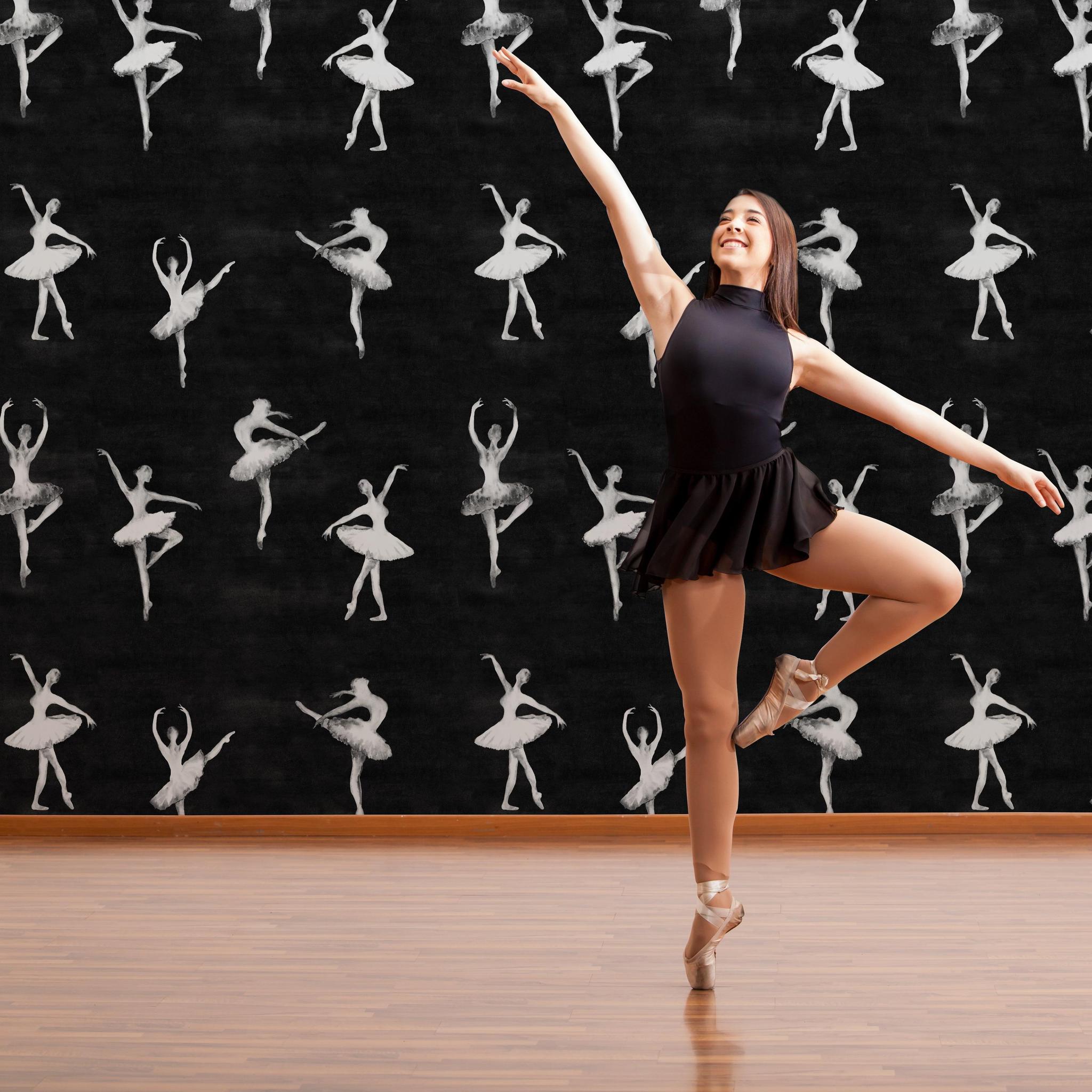 Ballerina themed 'Attitude (Pattern Edition) Wallpaper' by Wall Blush in a dance studio setting.