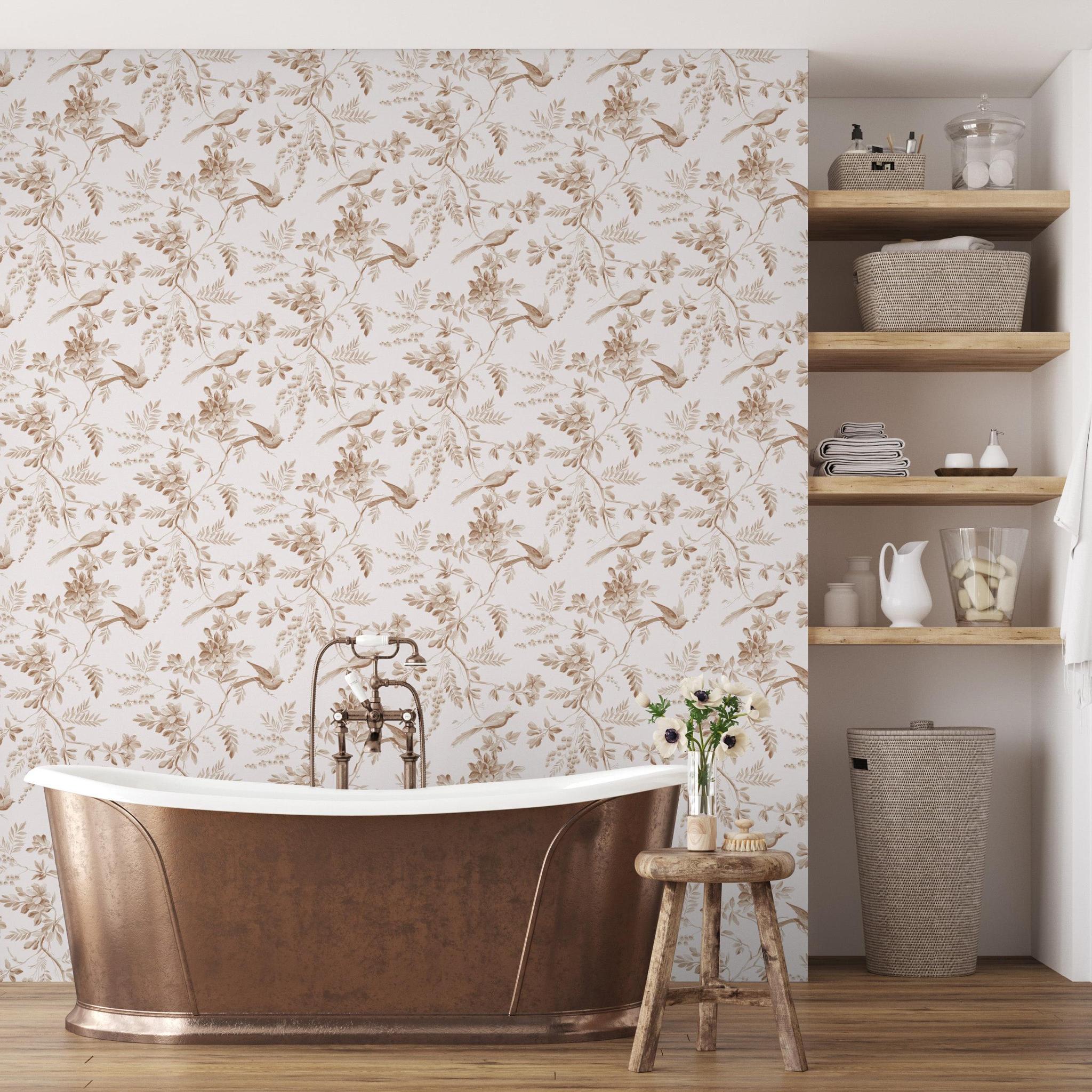 Elegant Pemberly wallpaper in a bathroom by Wall Blush AW01, highlighting vintage style decor.