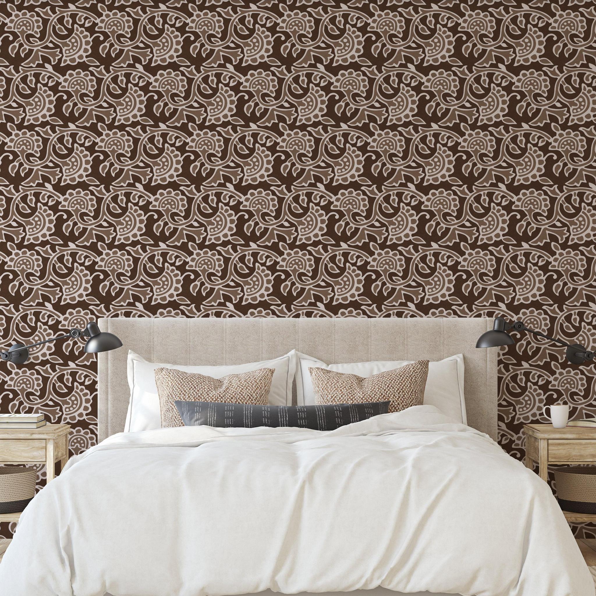 Renee Wallpaper by Wall Blush SG02 featured in a cozy bedroom with elegant pattern focus