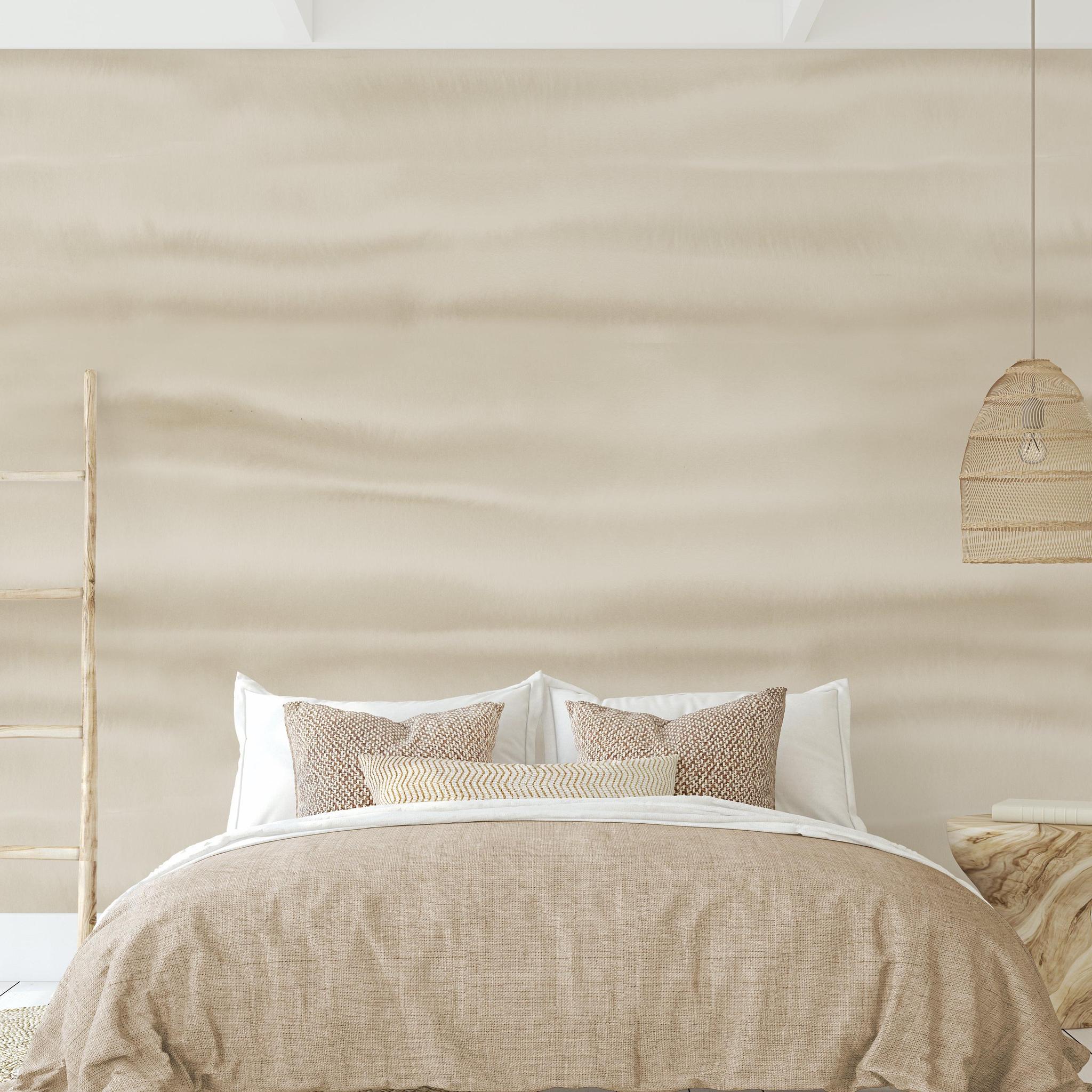 Fraya (Oatmeal) Wallpaper from The Ania Zwara Line in a modern, serene bedroom setting, highlighting the textured design.