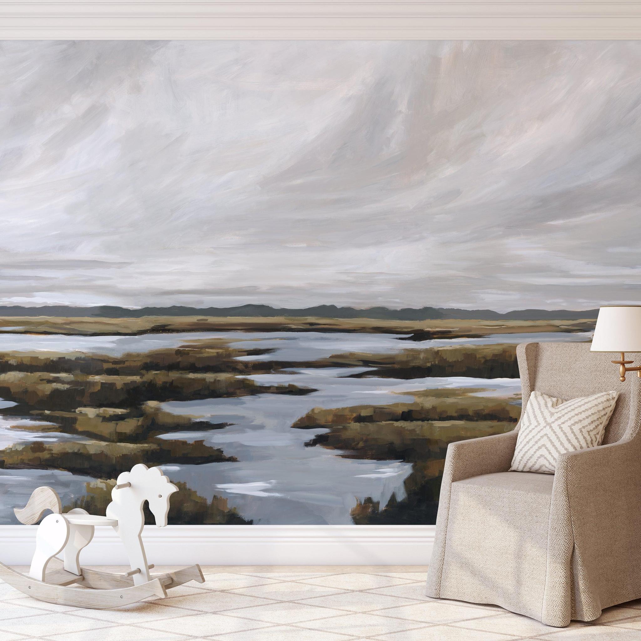 Beyond the Marsh Wallpaper from The David Brazier Line in a stylish living room, highlighting elegant wall decor.
