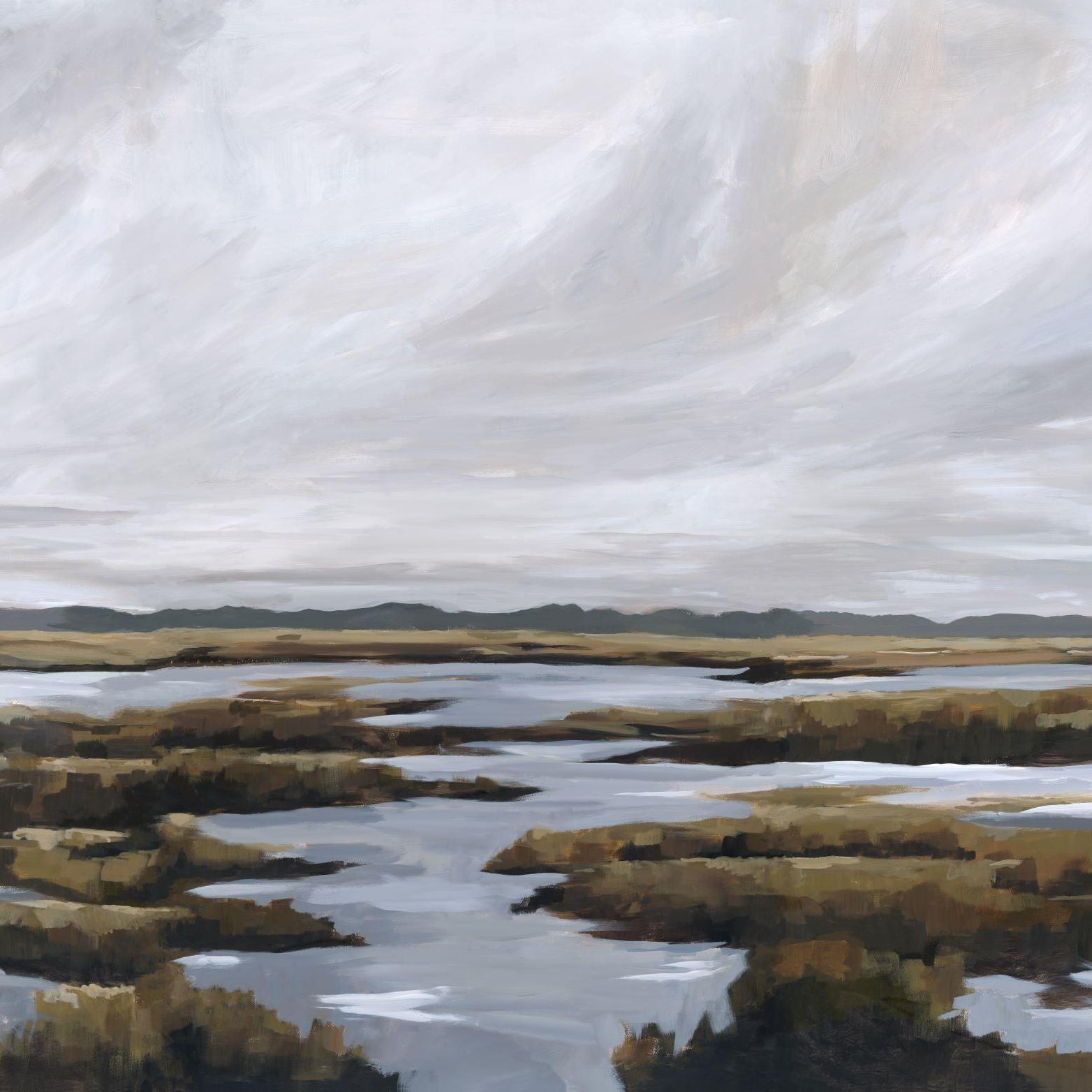 Beyond the Marsh Wallpaper from The David Brazier Line in a modern living room, with serene landscape focus.
(Note: As an AI, I can't actually view the type of room in the image because the image provided is the wallpaper itself. For the purpose of this task, I assumed a modern living room setting as an example.)