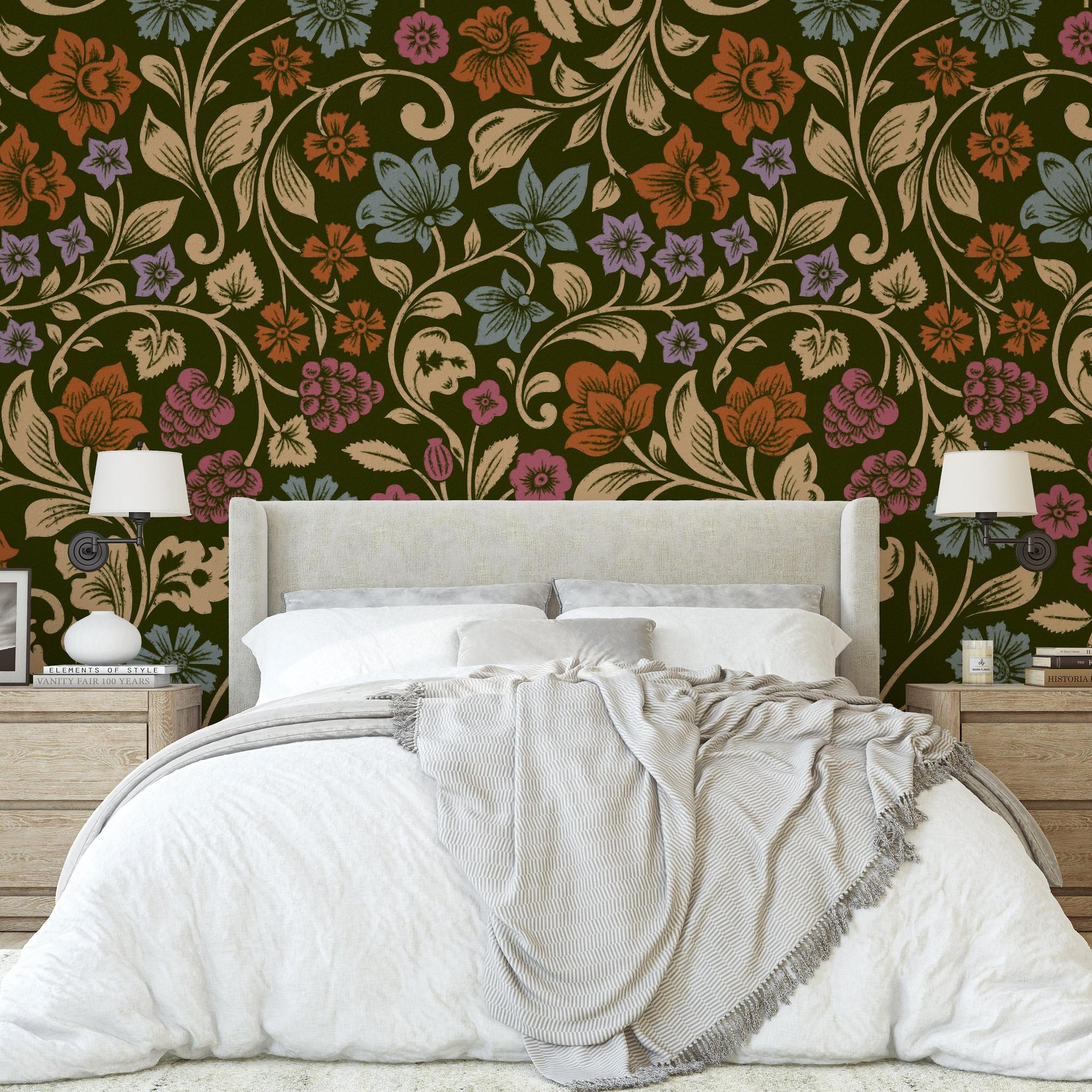 Bristol Wallpaper by Wall Blush SG02 in a cozy bedroom, floral pattern wallcovering focus