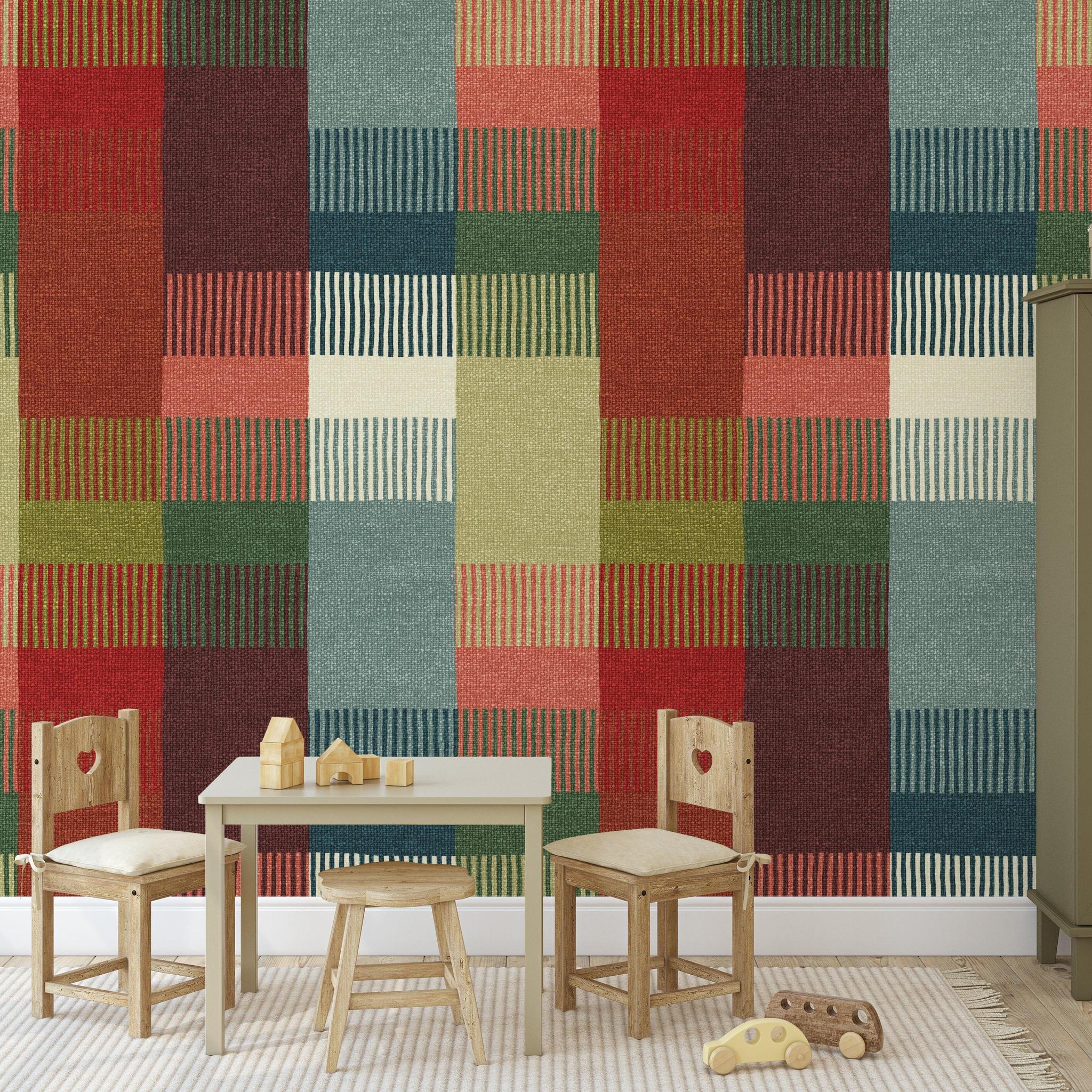 Colorful Chelsea Wallpaper by Wall Blush SG02 featured in a stylish kids' room, highlighting vibrant wall decor focus.