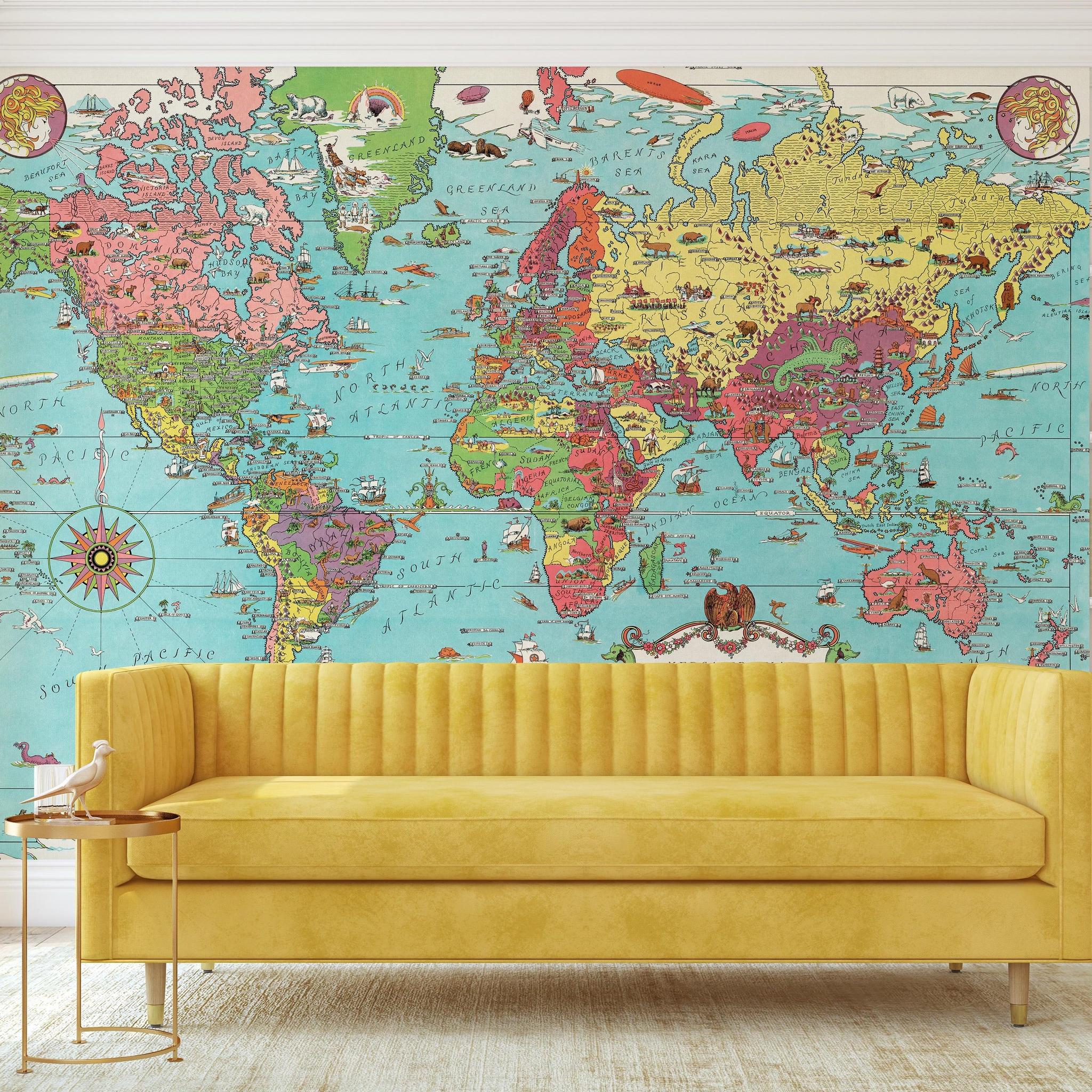 Dudley's World Wallpaper by Wall Blush in a bright living room, highlighting colorful detailed map design.