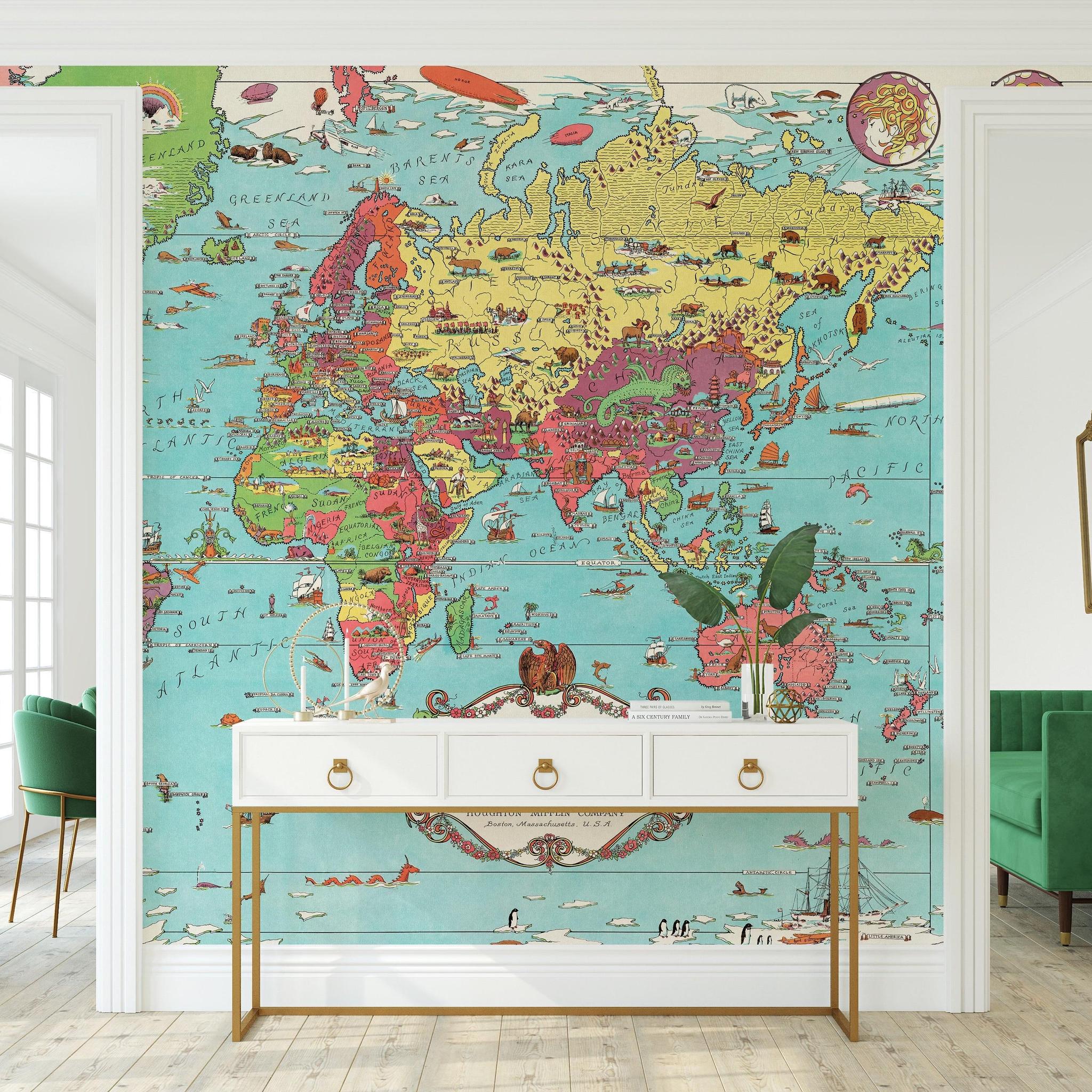 Dudley's World Wallpaper by Wall Blush in a stylish home office, featuring colorful map design as focal point.