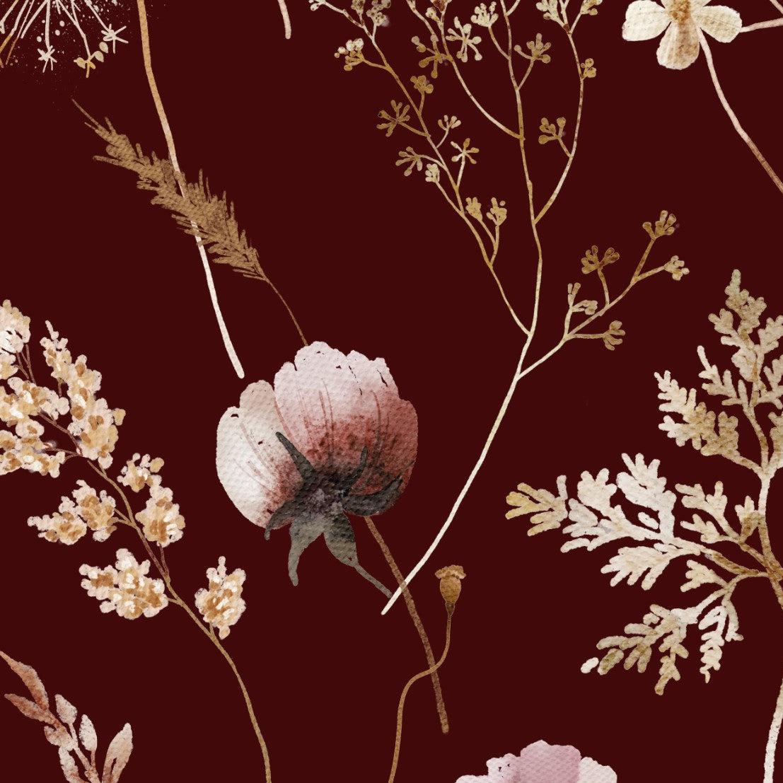 Dahlia Maroon Wallpaper by Wall Blush SM01 featured in elegant room decor close-up.
(Note: The type of room is not visible in the image, so I included a general term elegant room decor to suggest an appropriate setting for the wallpaper and keep the focus on the product. If the type of room (e.g., living room, bedroom, etc.) was specified or visible, it should be included in the alt text.)