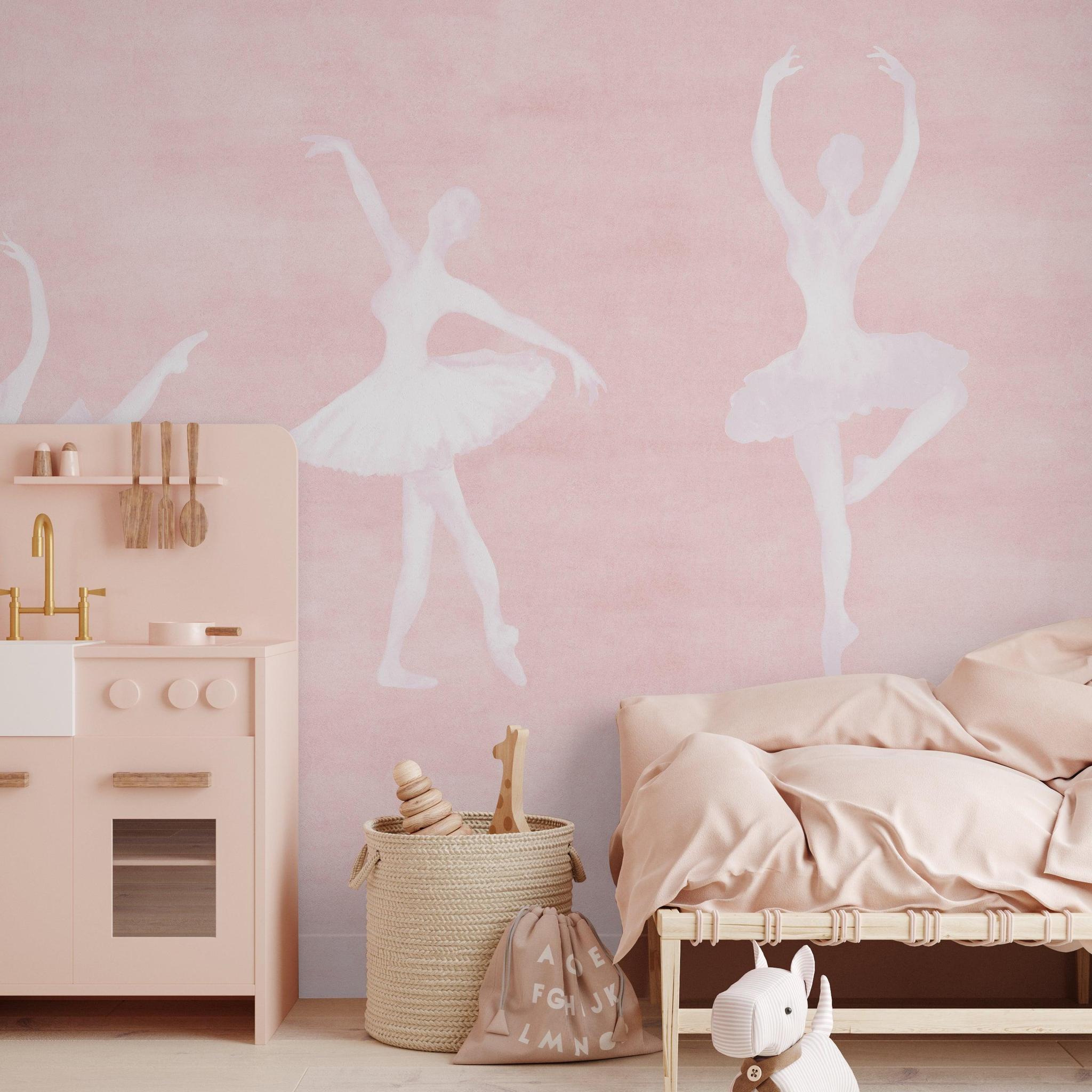 Pirouette (Mural Edition) Wallpaper by Wall Blush enhancing a cozy children's bedroom, with ballet-inspired theme.
