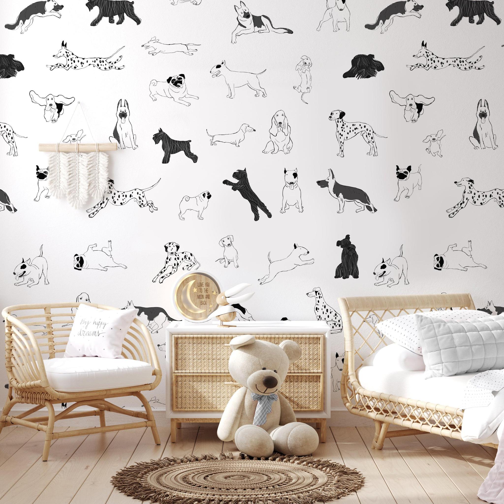 Puppy Love Wallpaper by Wall Blush in a stylish nursery room, highlighting the playful dog patterns.