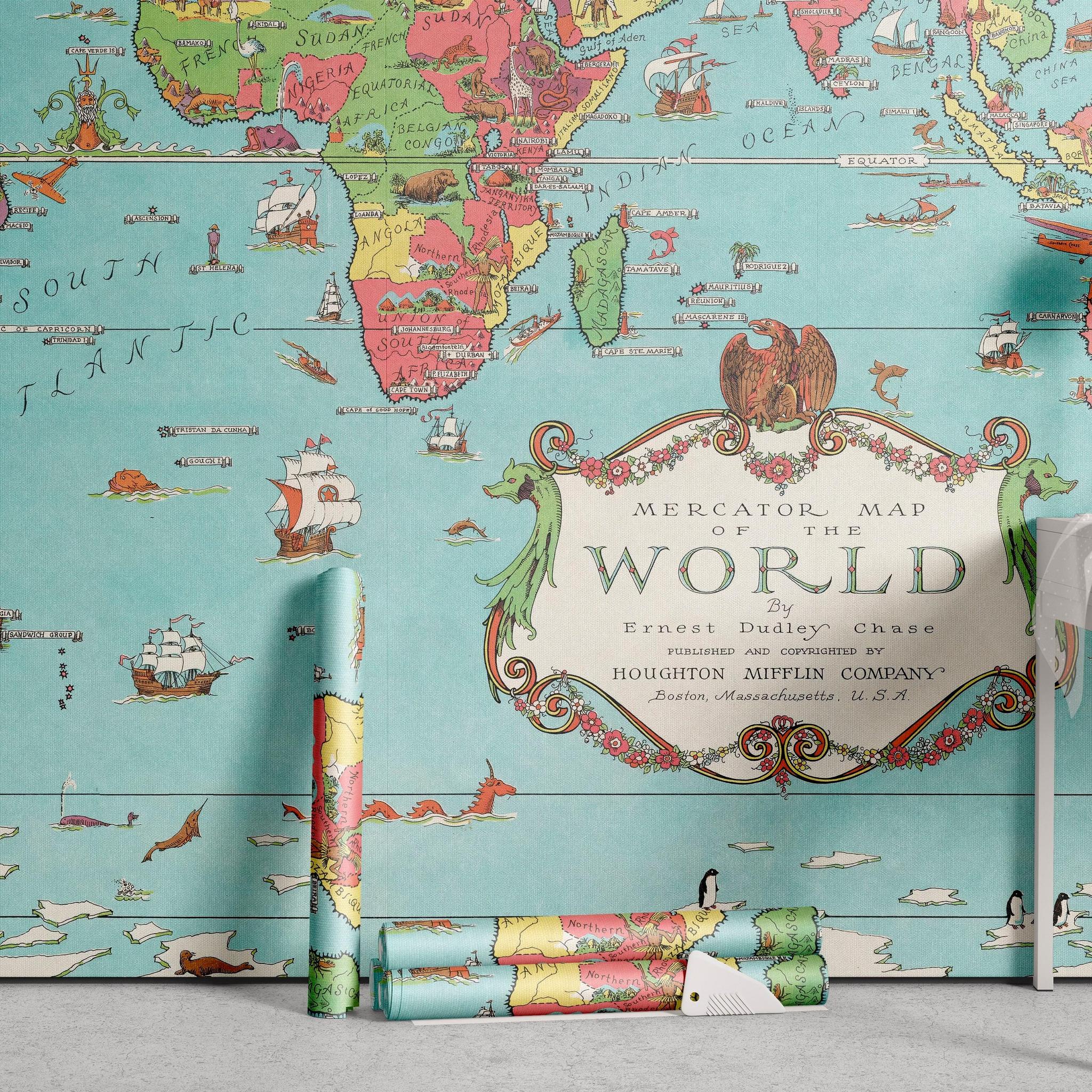 Dudley's World Wallpaper by Wall Blush in stylish office room with map design, featuring vibrant colors and vintage look.