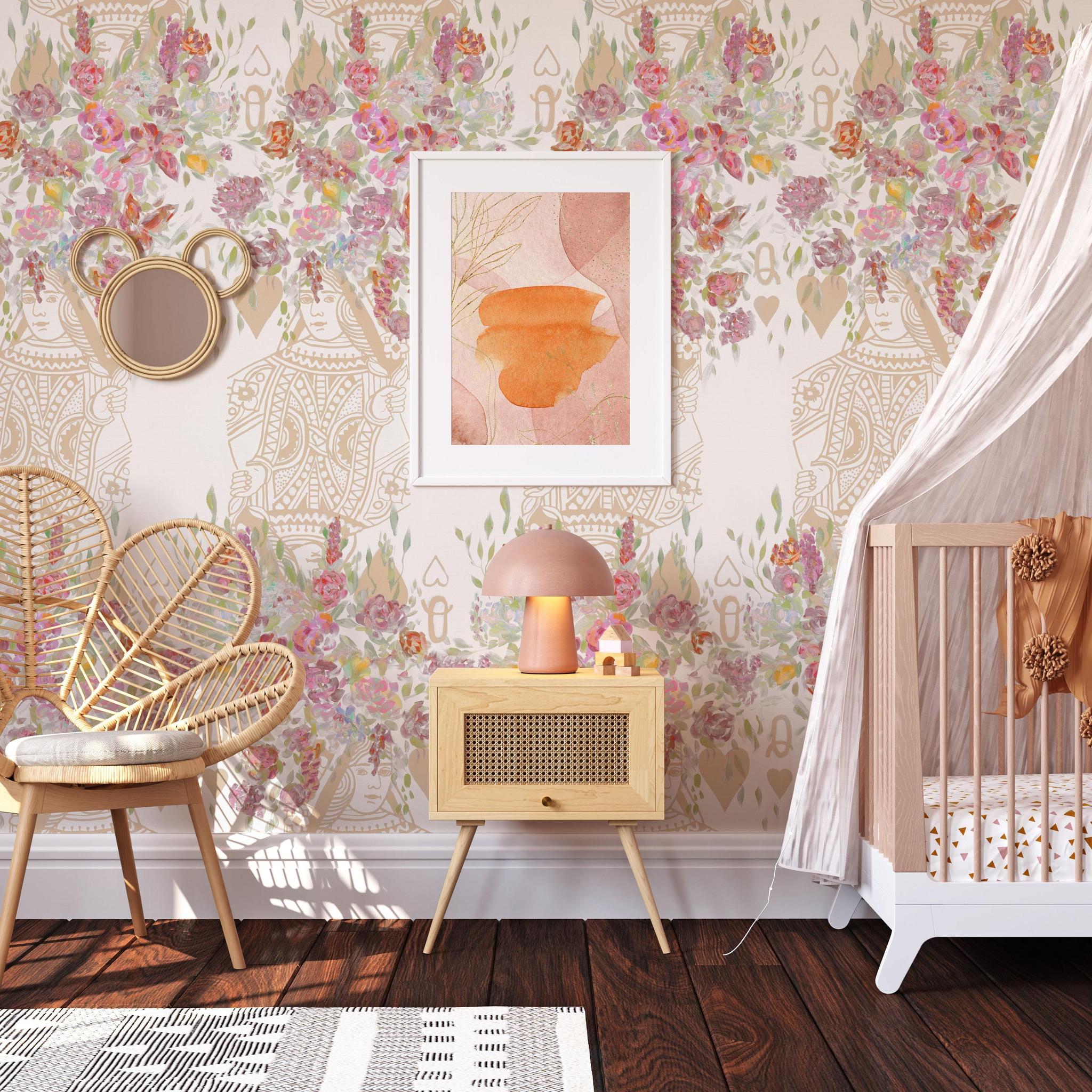 Dynasty Wallpaper by The Katie Small Line enhancing nursery room with floral and gold patterns.
