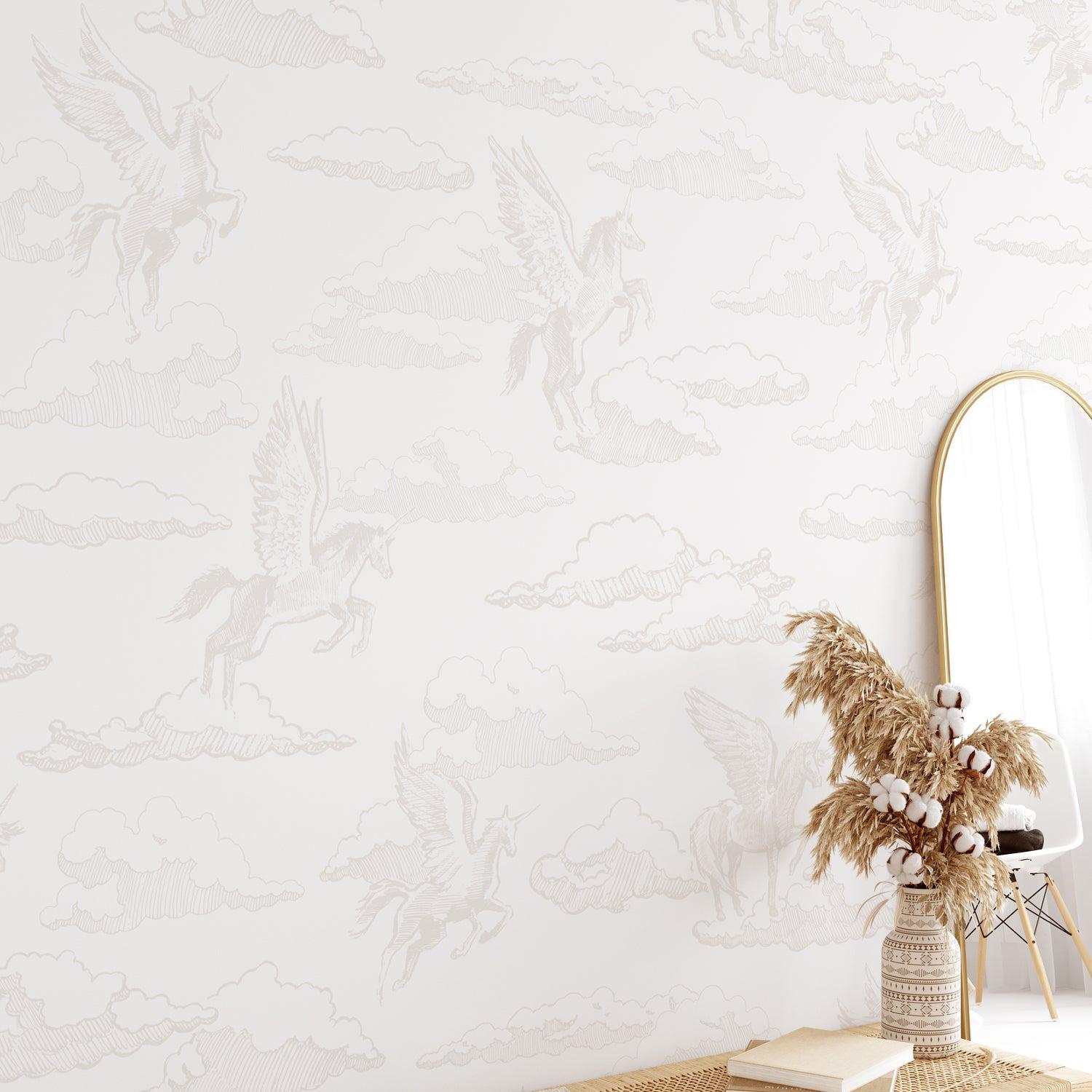 Enchanted (Off White) Wallpaper by Wall Blush SG02 featured in a serene bedroom setup highlighting wall aesthetics.