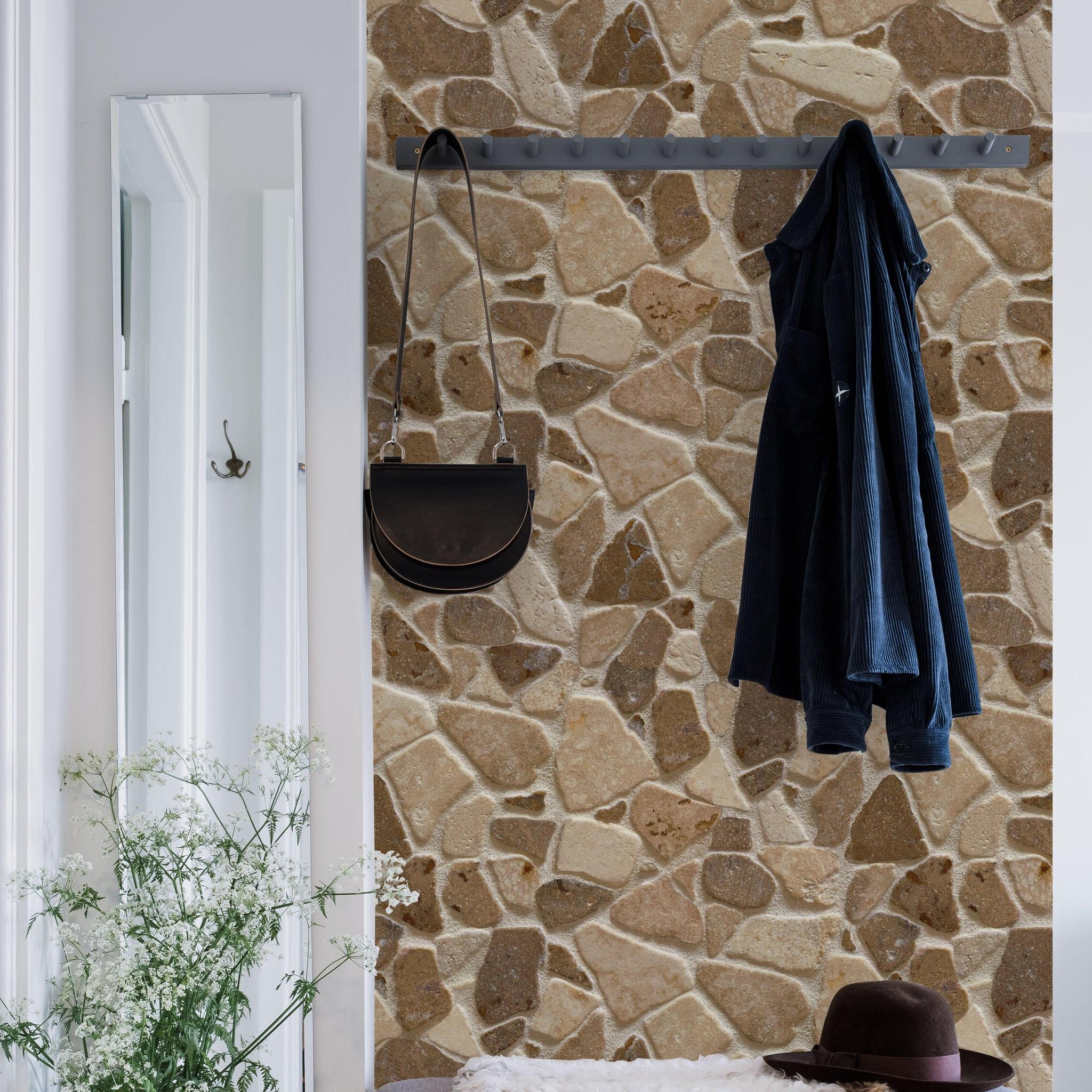 Wall Blush AW01's 'The Abbey Wallpaper' in a cozy entryway, enhancing the room's rustic charm with a stone pattern.