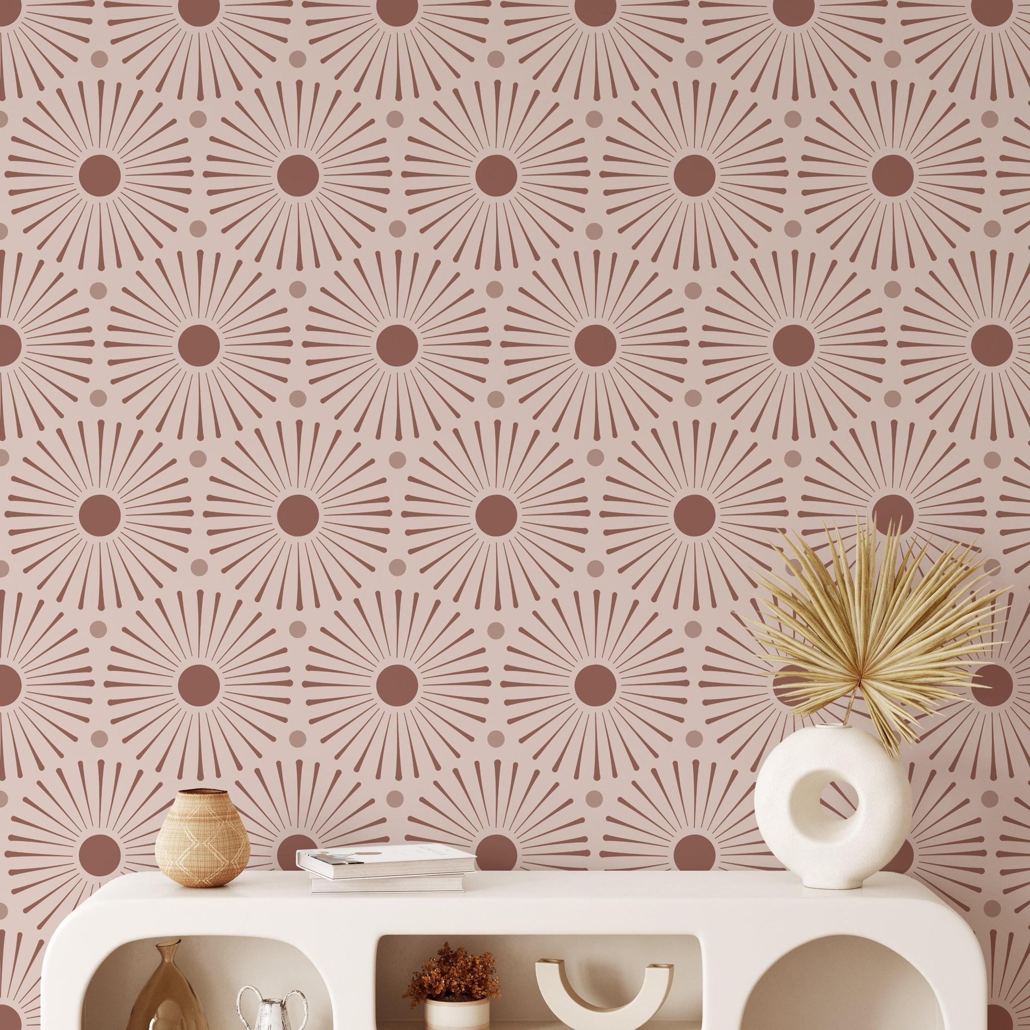 Esmeralda Wallpaper in a stylish living room, Wall Blush SG02 design, with focus on wallpaper pattern.