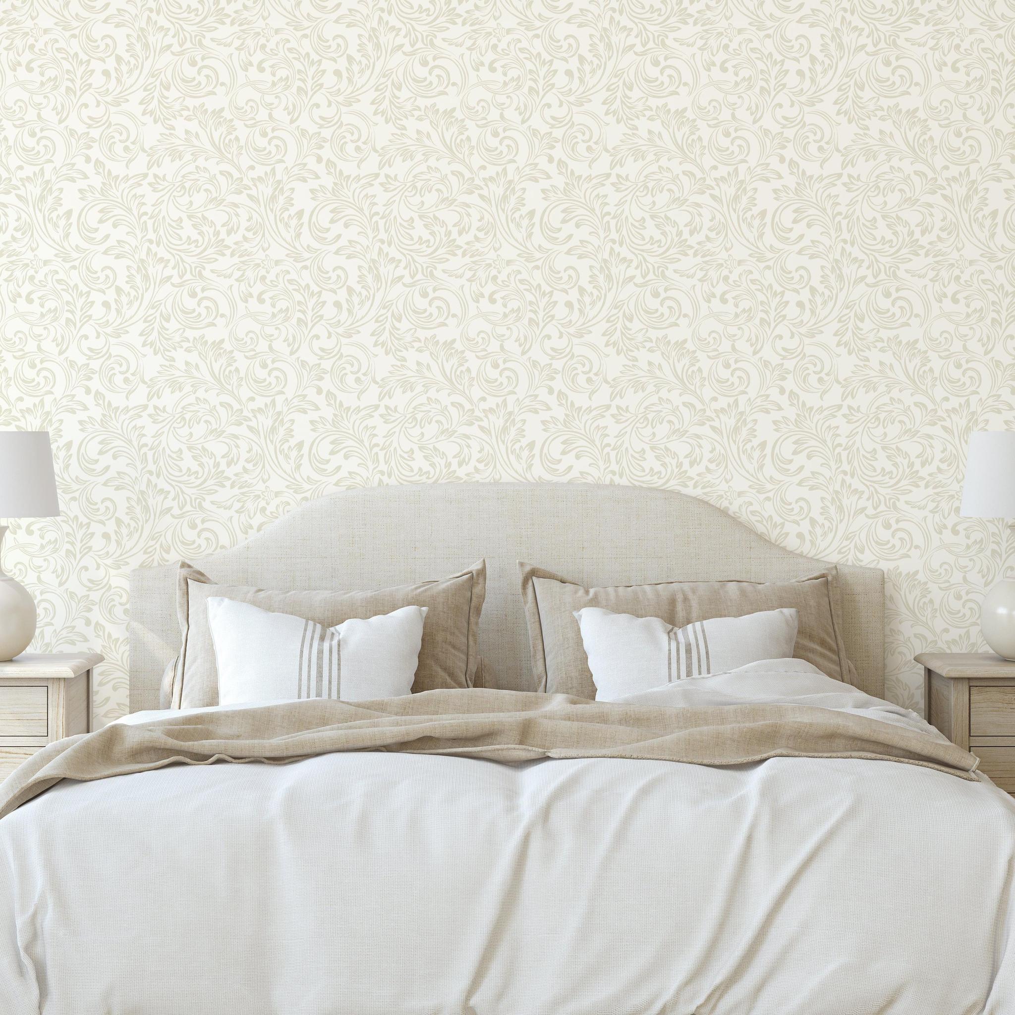Elegant Estelle Wallpaper by Wall Blush SG02 in a Stylish Bedroom, displaying intricate design and modern decor.