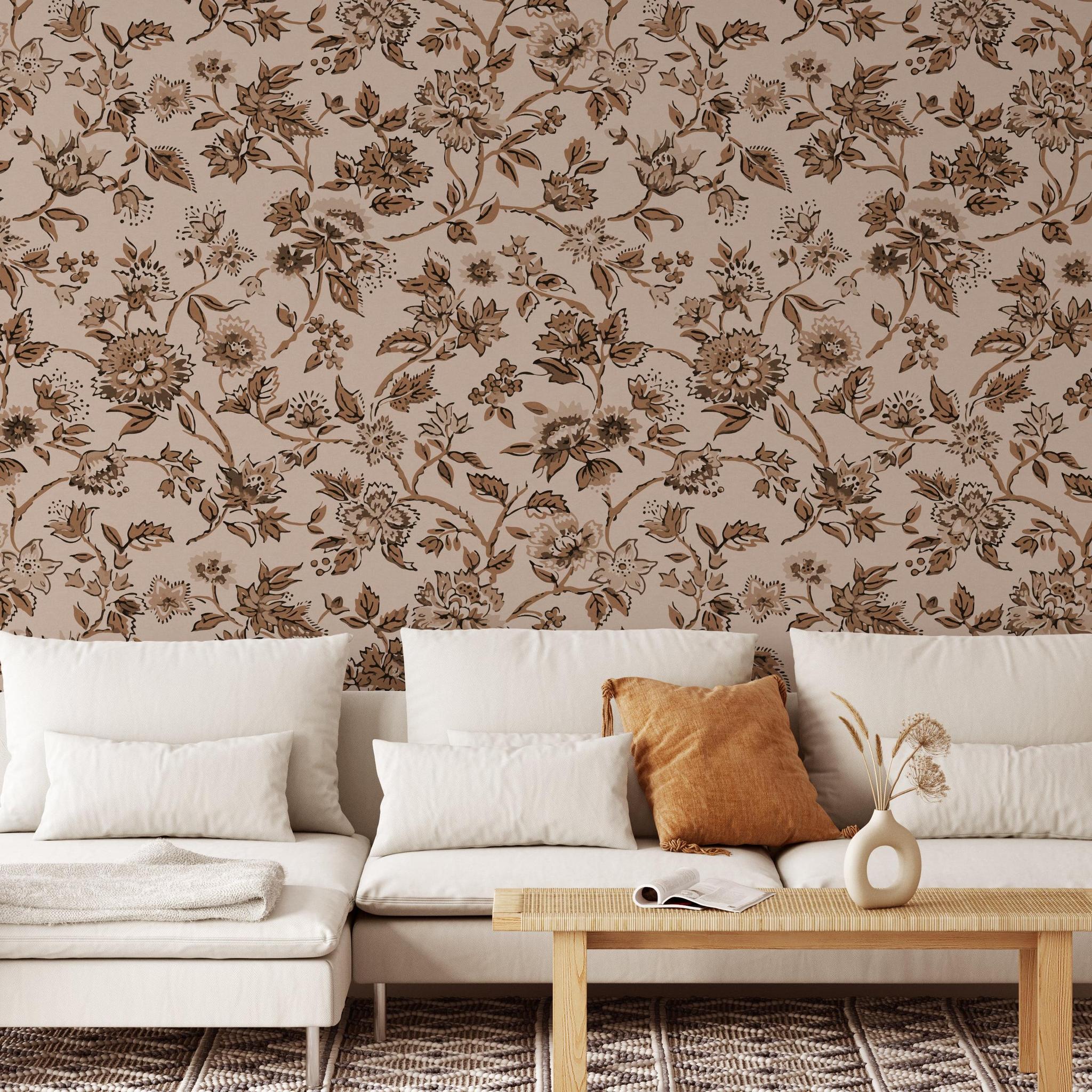 Etta Wallpaper in Beige Floral Pattern by Wall Blush SG02 Enhancing a Cozy Living Room Decor