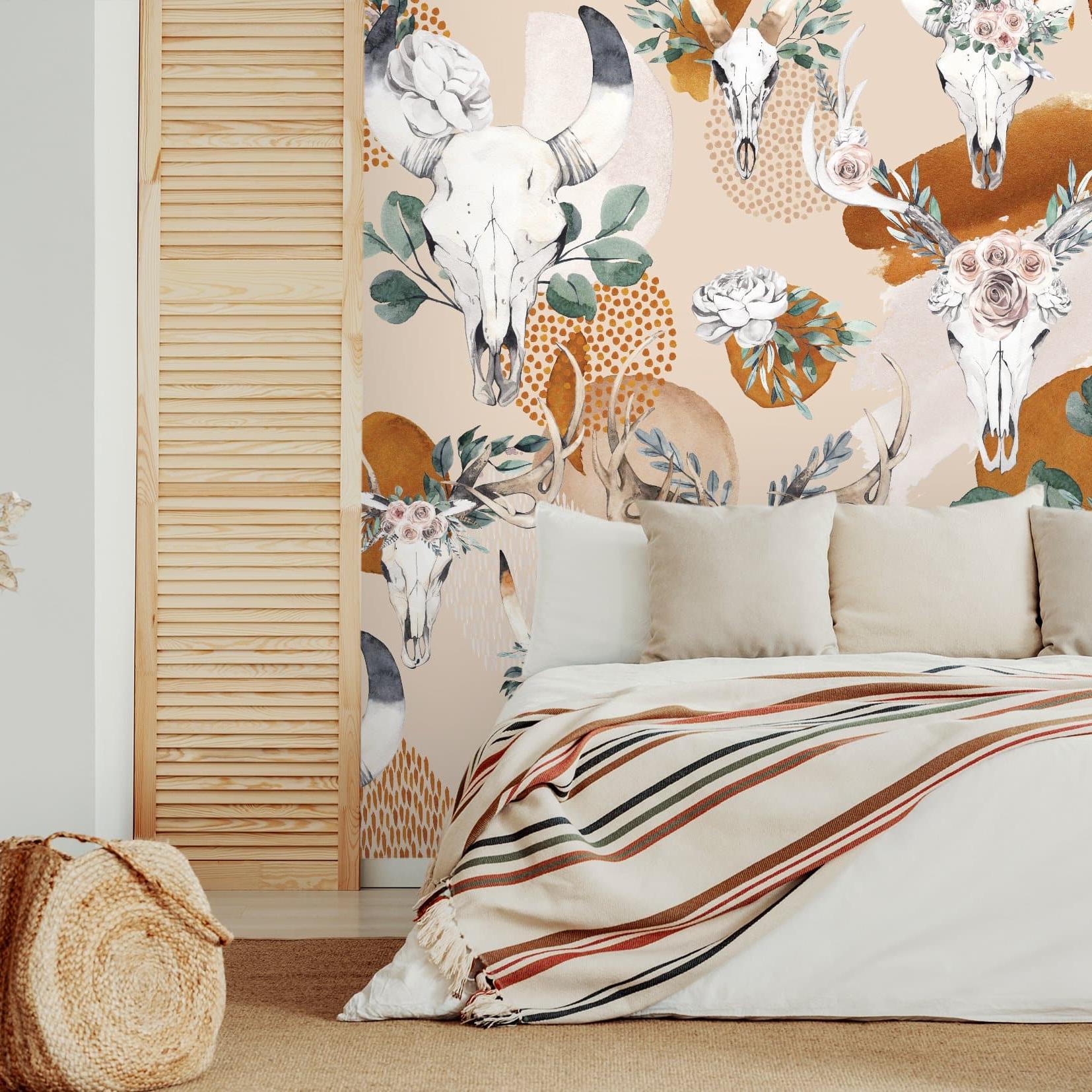 Desert Rose Wallpaper from The Chelsea DeBoer Line in cozy bedroom, elegant botanical and animal motifs.