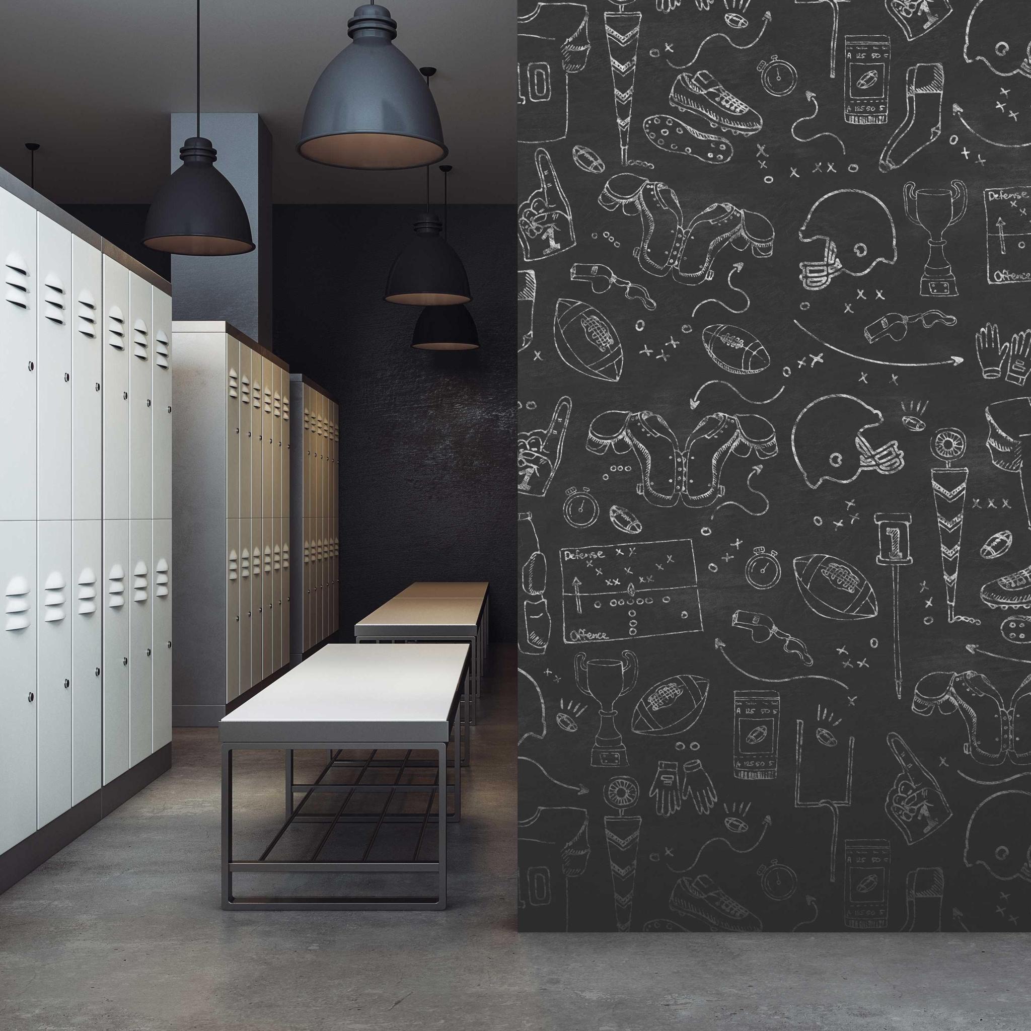 Blitz Wallpaper by Wall Blush SM01 elevates modern locker room with sports-themed design focus.