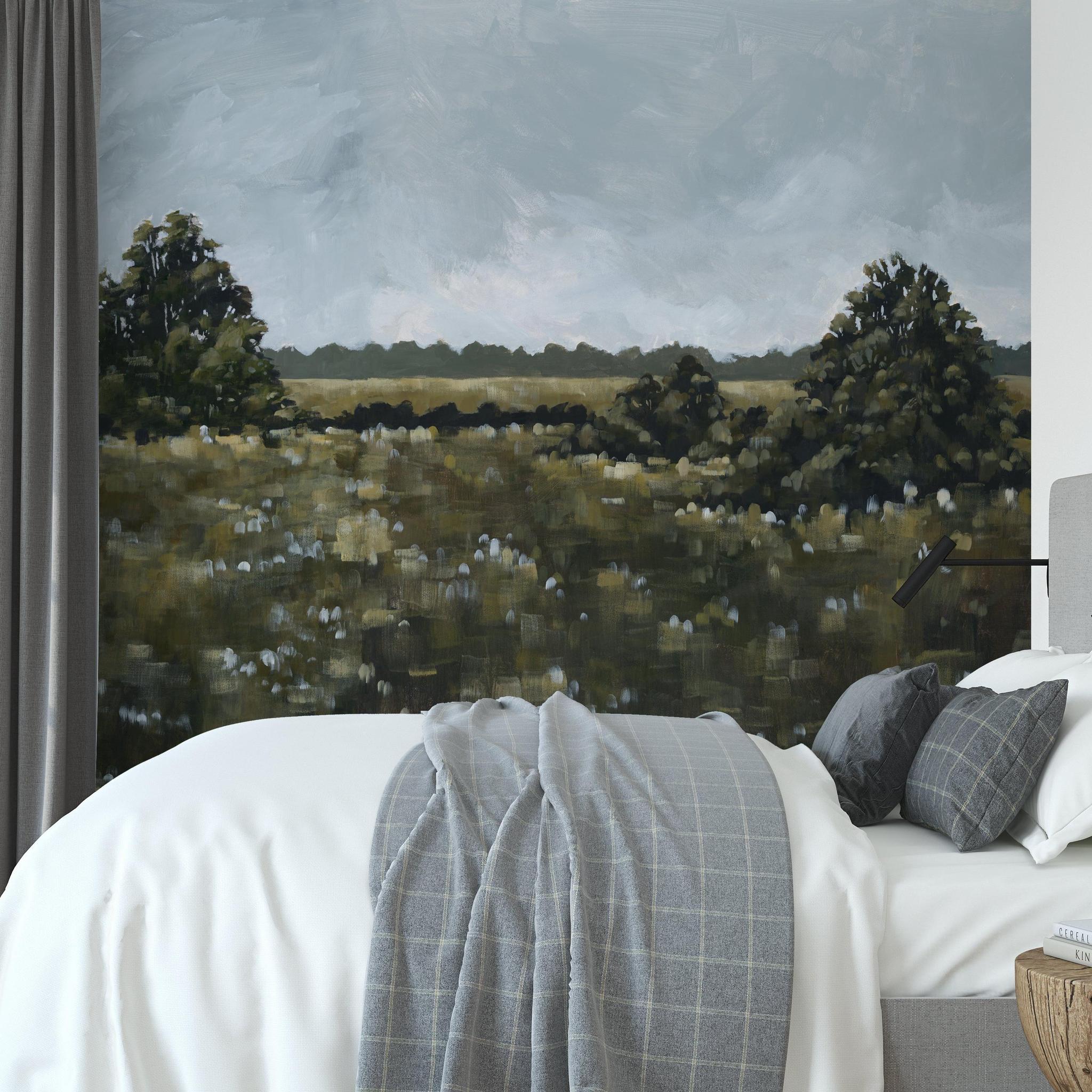 Field of Dreams Wallpaper from The David Brazier Line in a modern bedroom, enhancing the room's aesthetic.