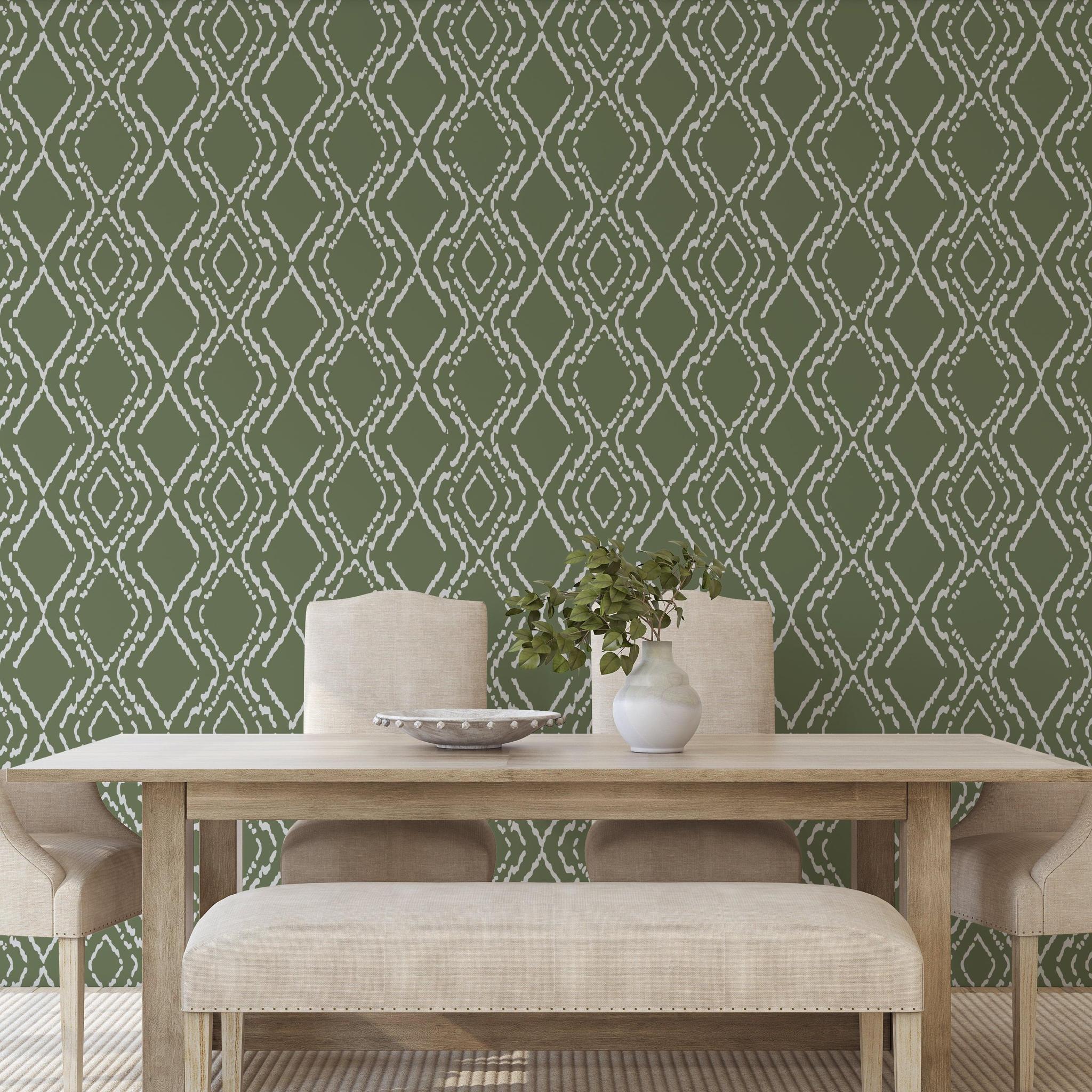Dining room with Gemma Wallpaper from Wall Blush SG02, showcasing elegant green patterned wall focus