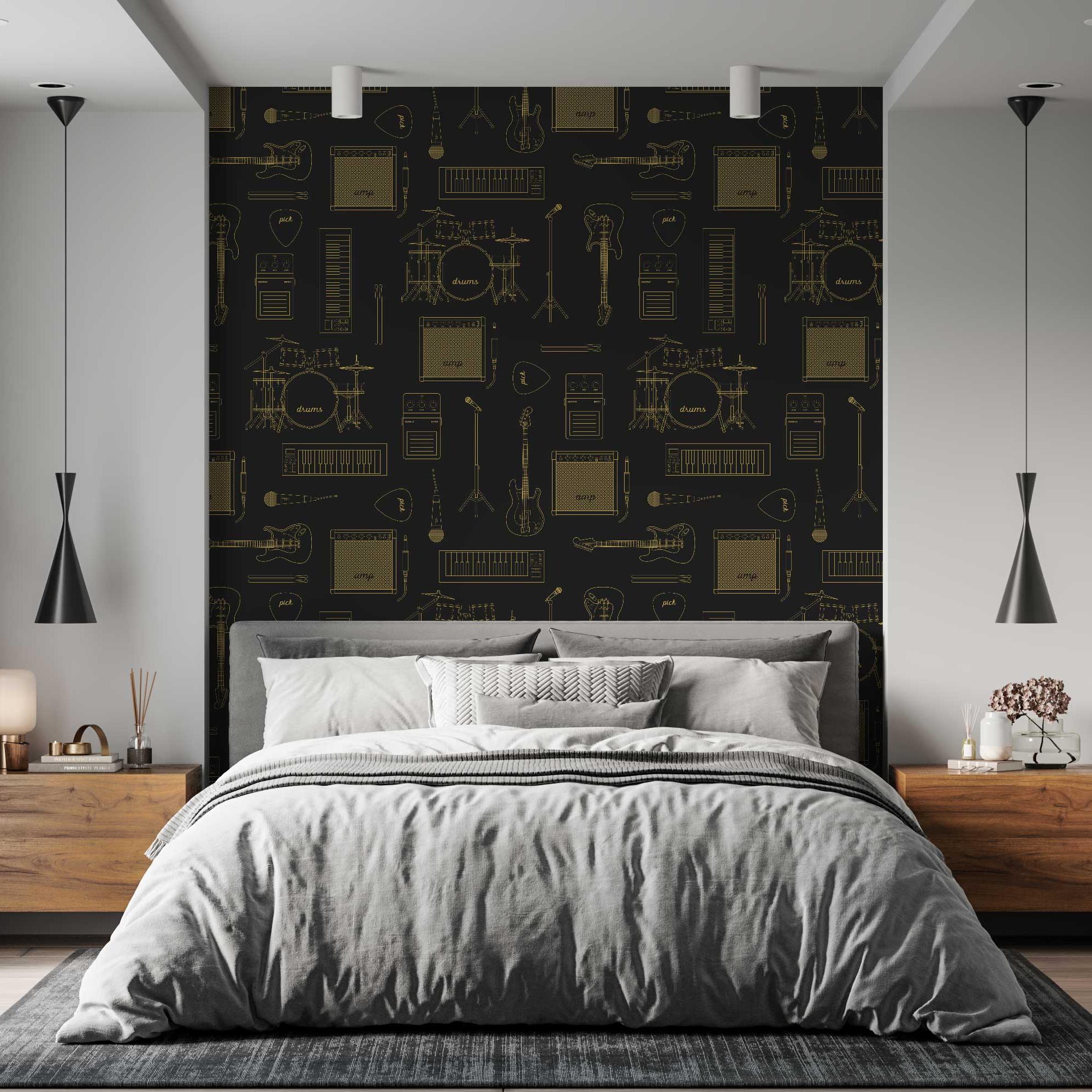 Gibson Wallpaper by Wall Blush SM01 in a chic modern bedroom, patterned accent wall focus.