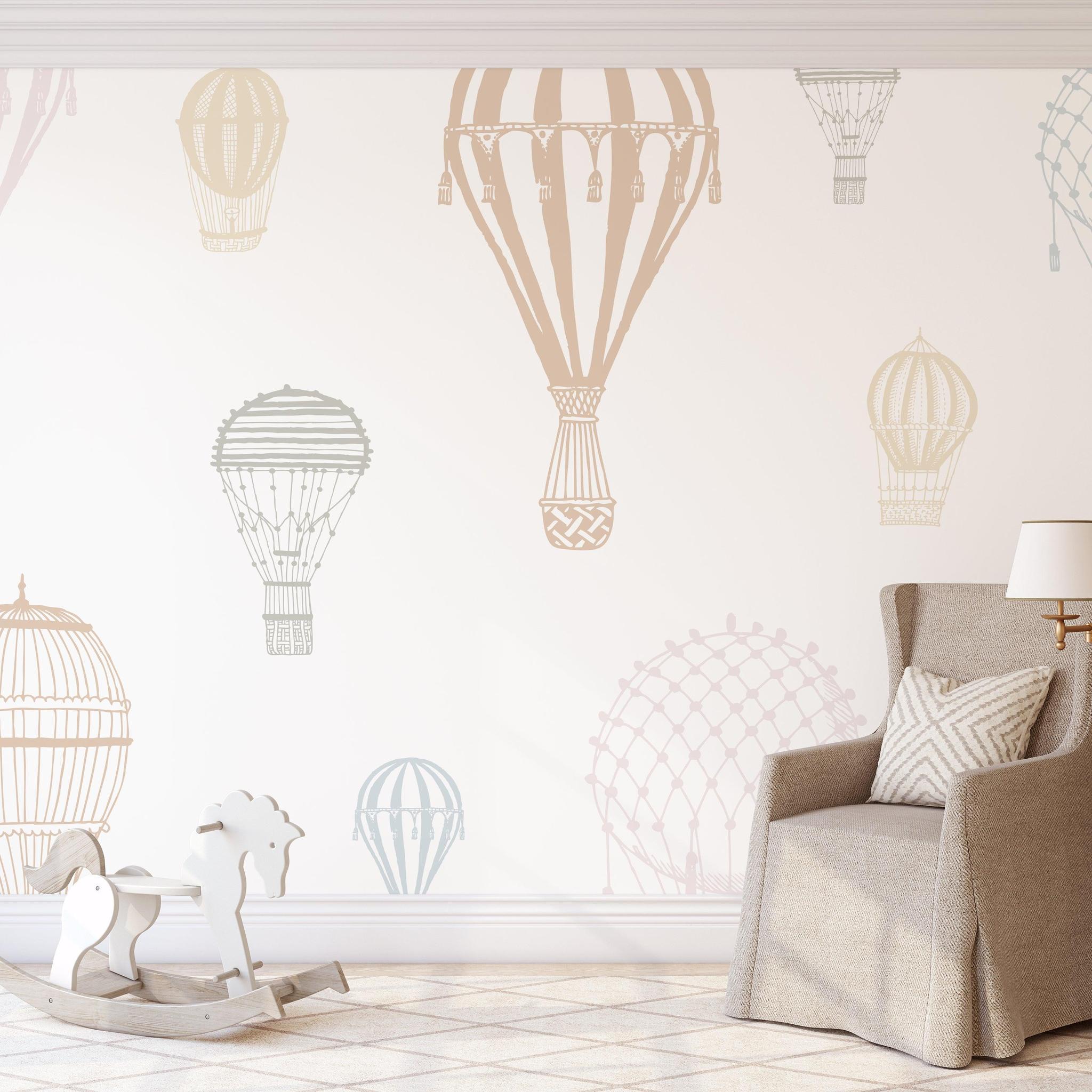 Ellie Mural by Wall Blush SG02, elegant nursery room with hot air balloon wallpaper focus.