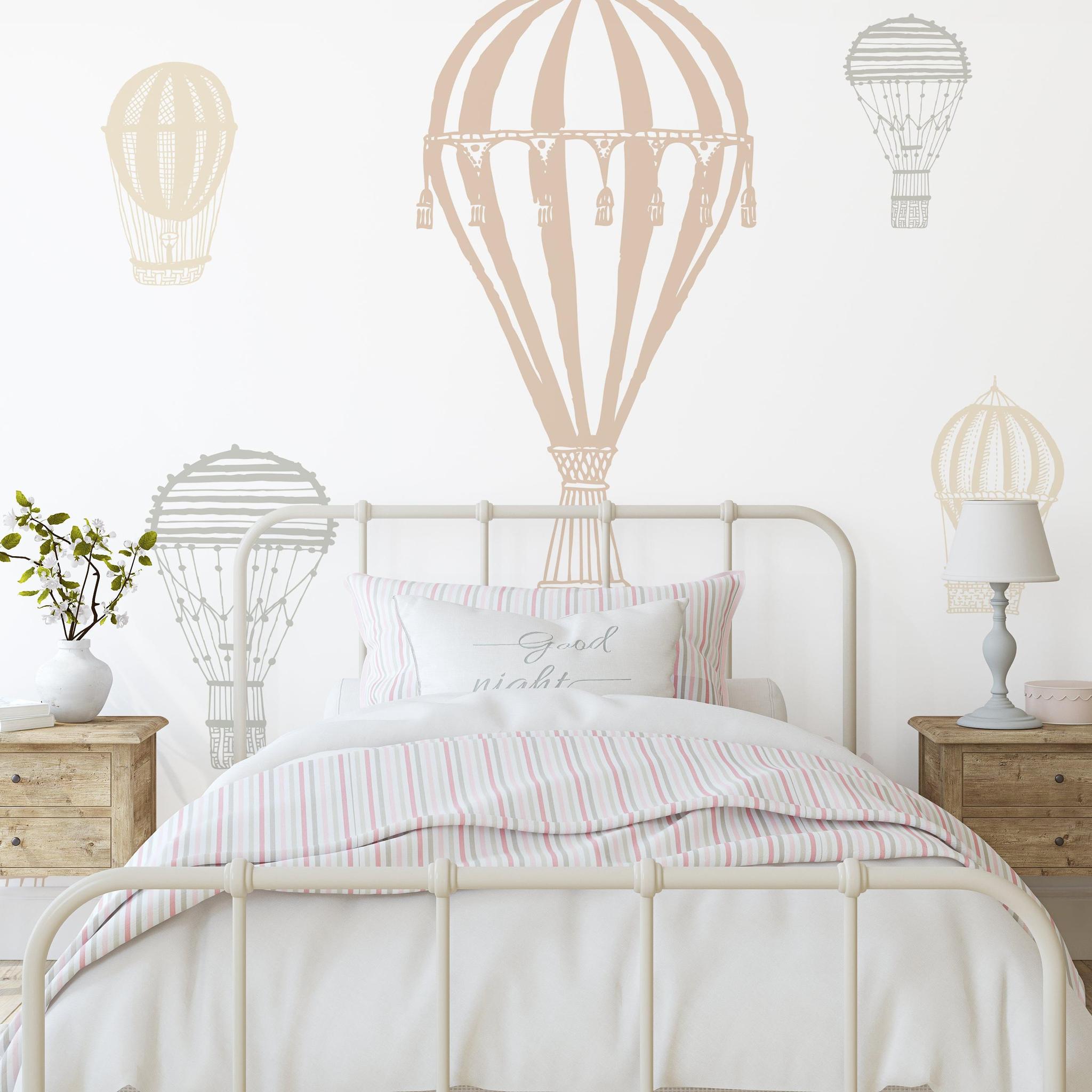 Ellie Mural hot air balloon wallpaper by Wall Blush SG02 in a cozy bedroom.