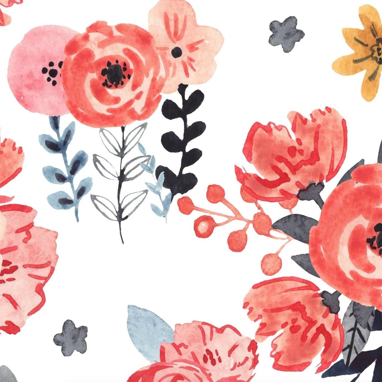 Wall Blush's In Bloom (White) Wallpaper pattern with red and blue floral design, ideal for enhancing a living space.