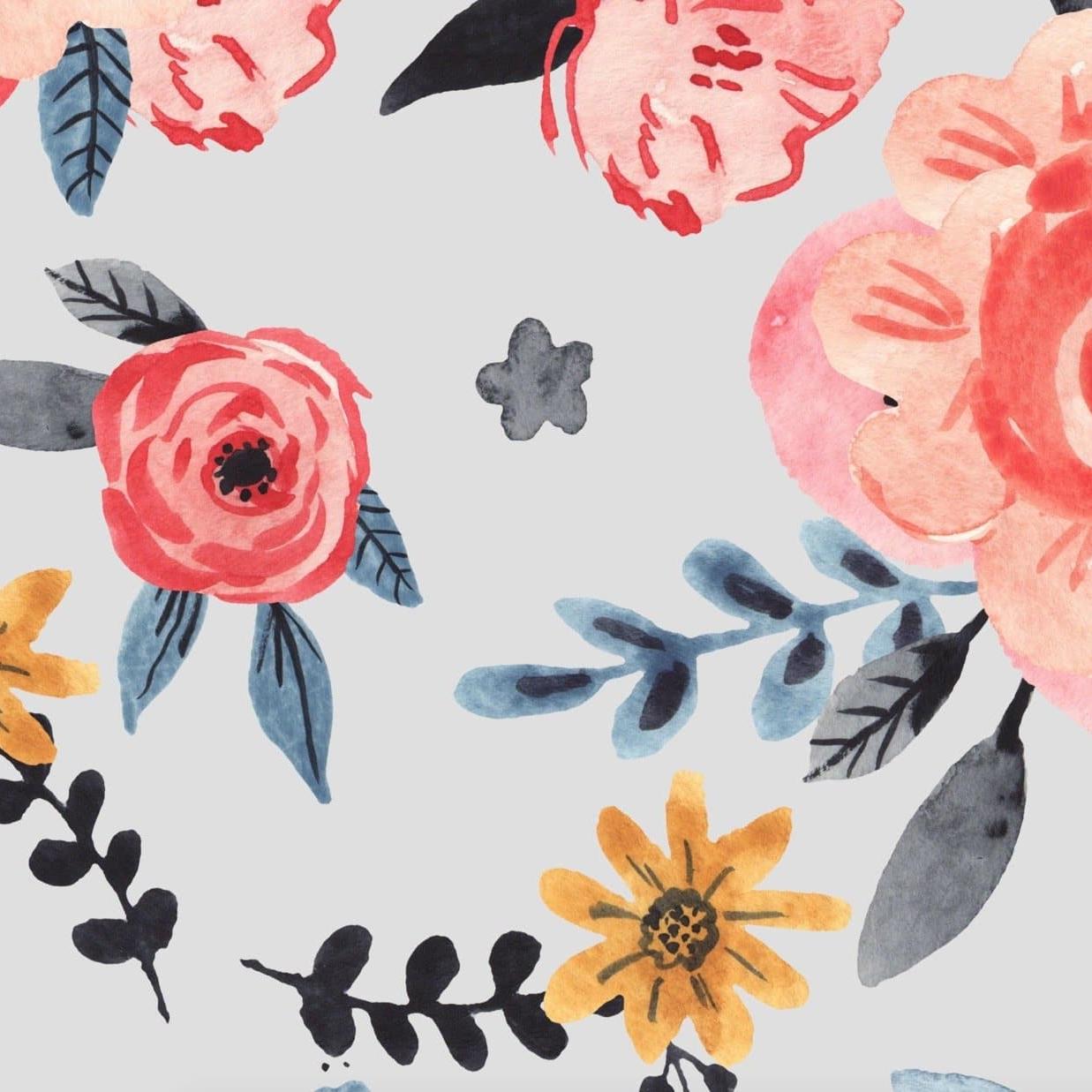 Wall Blush's In Bloom (Silver) Wallpaper featuring floral design in stylish home office setup, accentuating the decor.