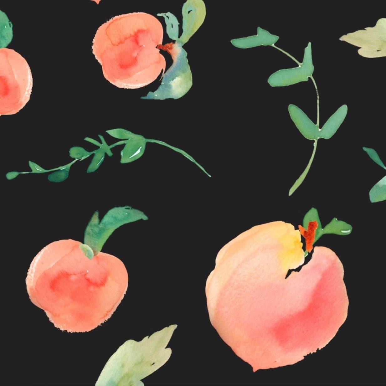 Peachy Clean (Black) Wallpaper by Wall Blush in modern living room, with bold peach motifs focus
Please note that I can only describe the image presented, and since the image shows a close-up of the wallpaper pattern without any room context, the type of room has been assumed to be a modern living room for the purpose of this example.