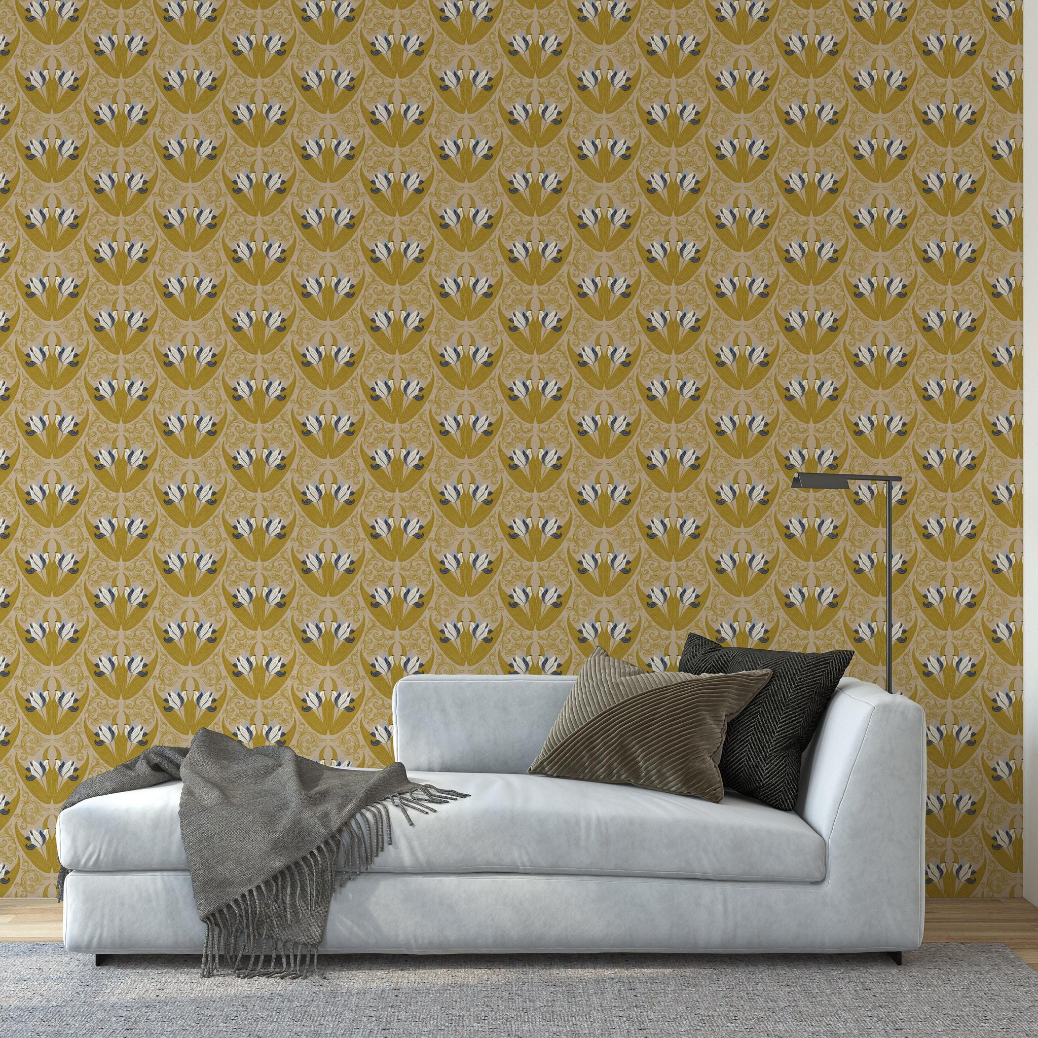 Josephine Wallpaper by Wall Blush SG02 featured in stylish living room with focus on the elegant wall pattern.