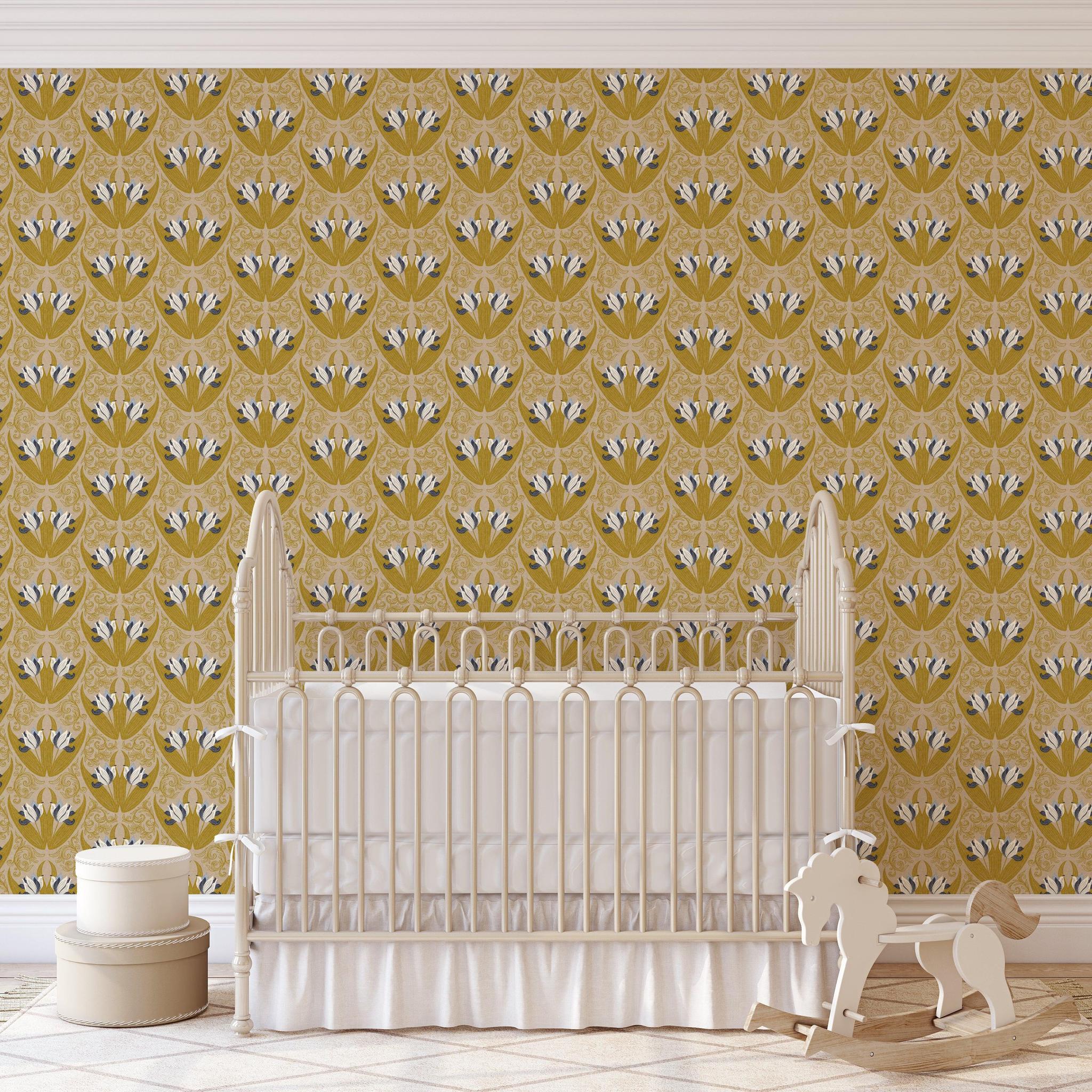 Josephine Wallpaper by Wall Blush SG02 featured in cozy nursery room with crib and rocking horse.